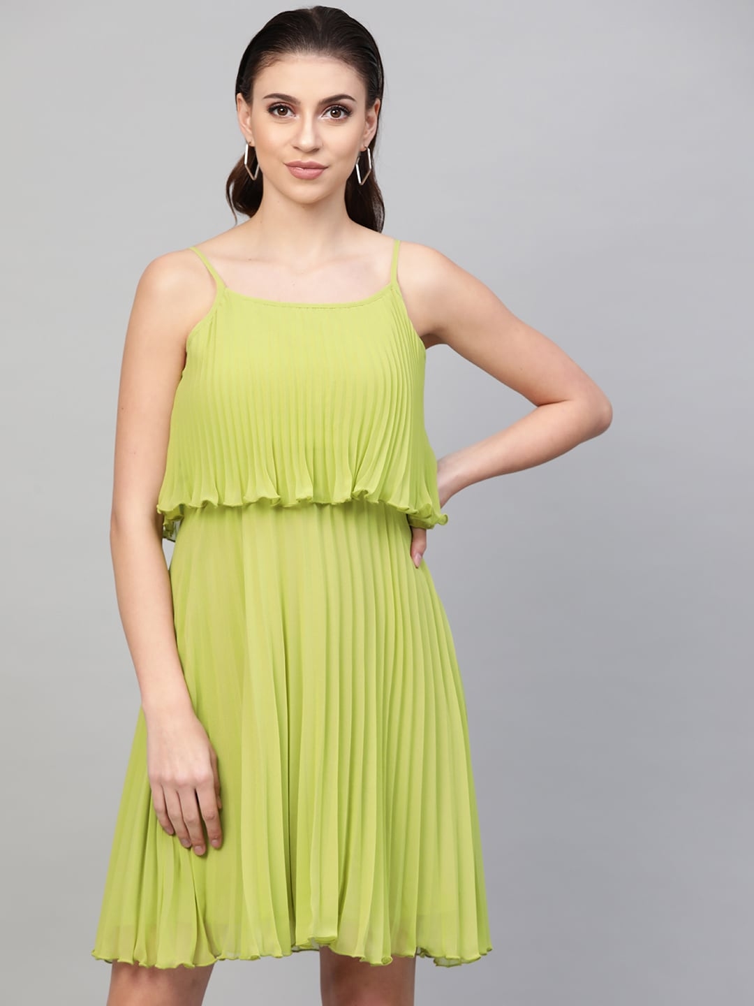 Buy SASSAFRAS Lime Green Accordion Pleated A Line Dress - Dresses