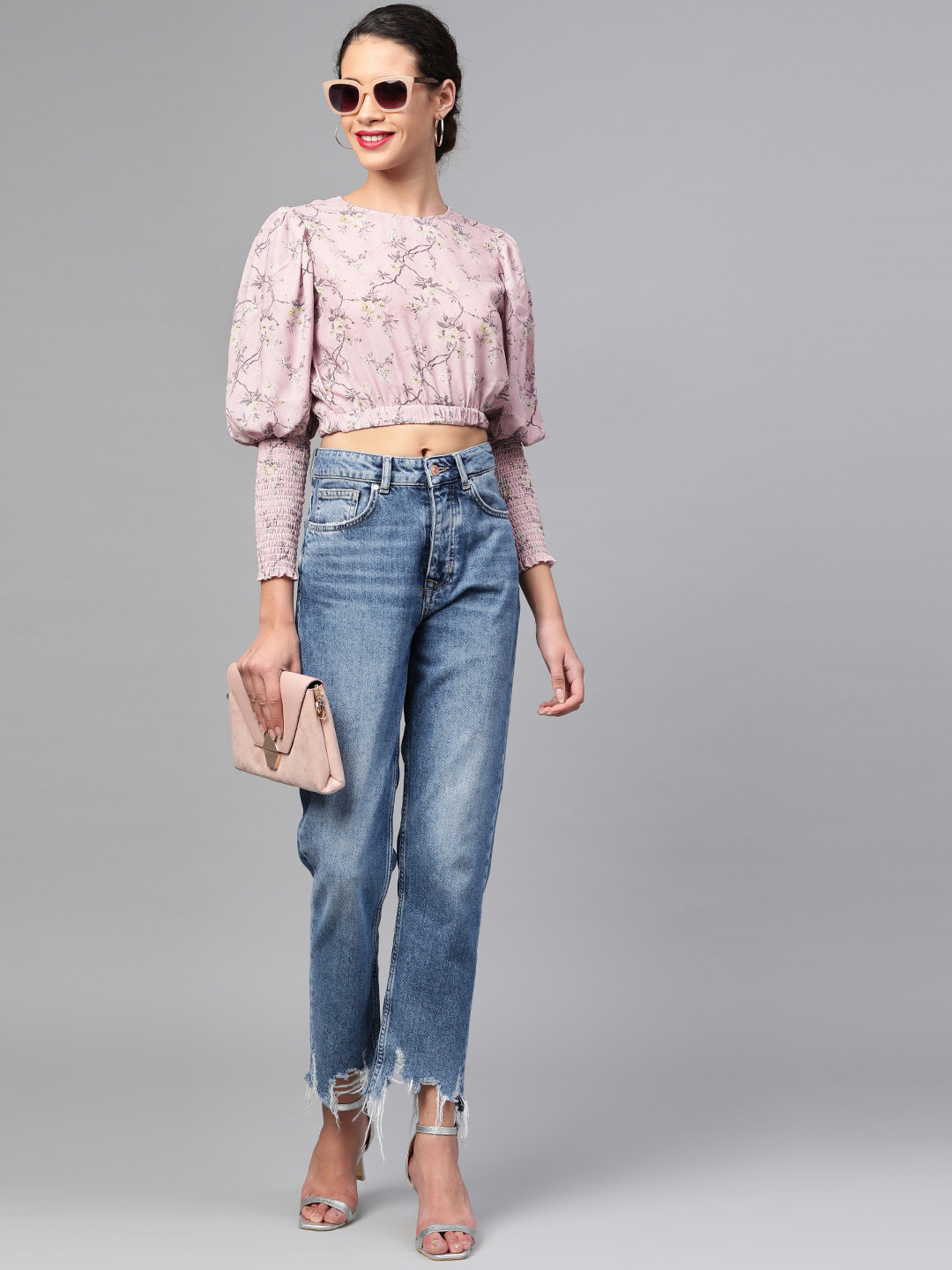 SASSAFRAS Women Lavender & Green Crop Floral Print Blouson Top