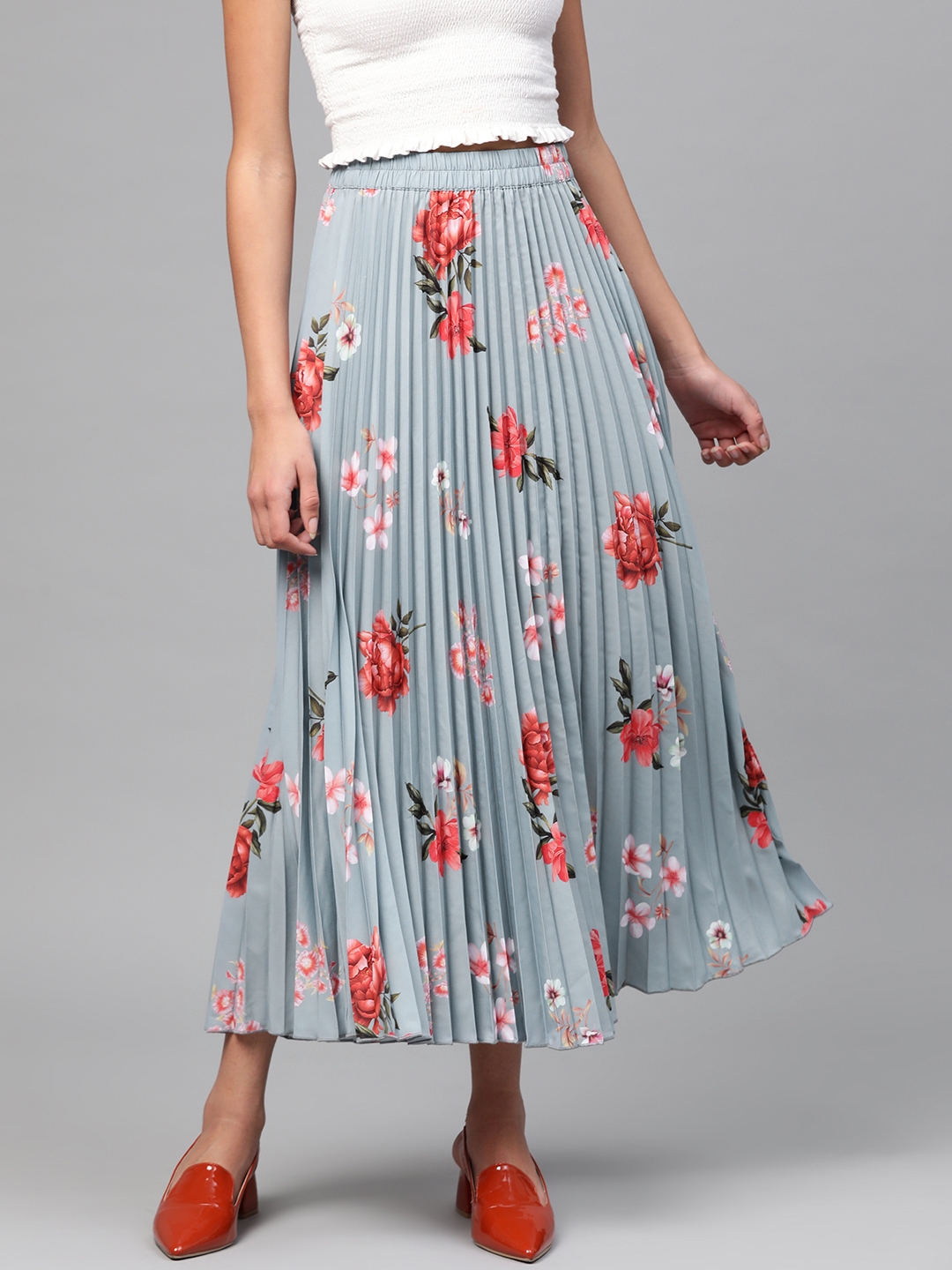 SASSAFRAS Women Grey Red Accordion Pleated Printed A Line Skirt