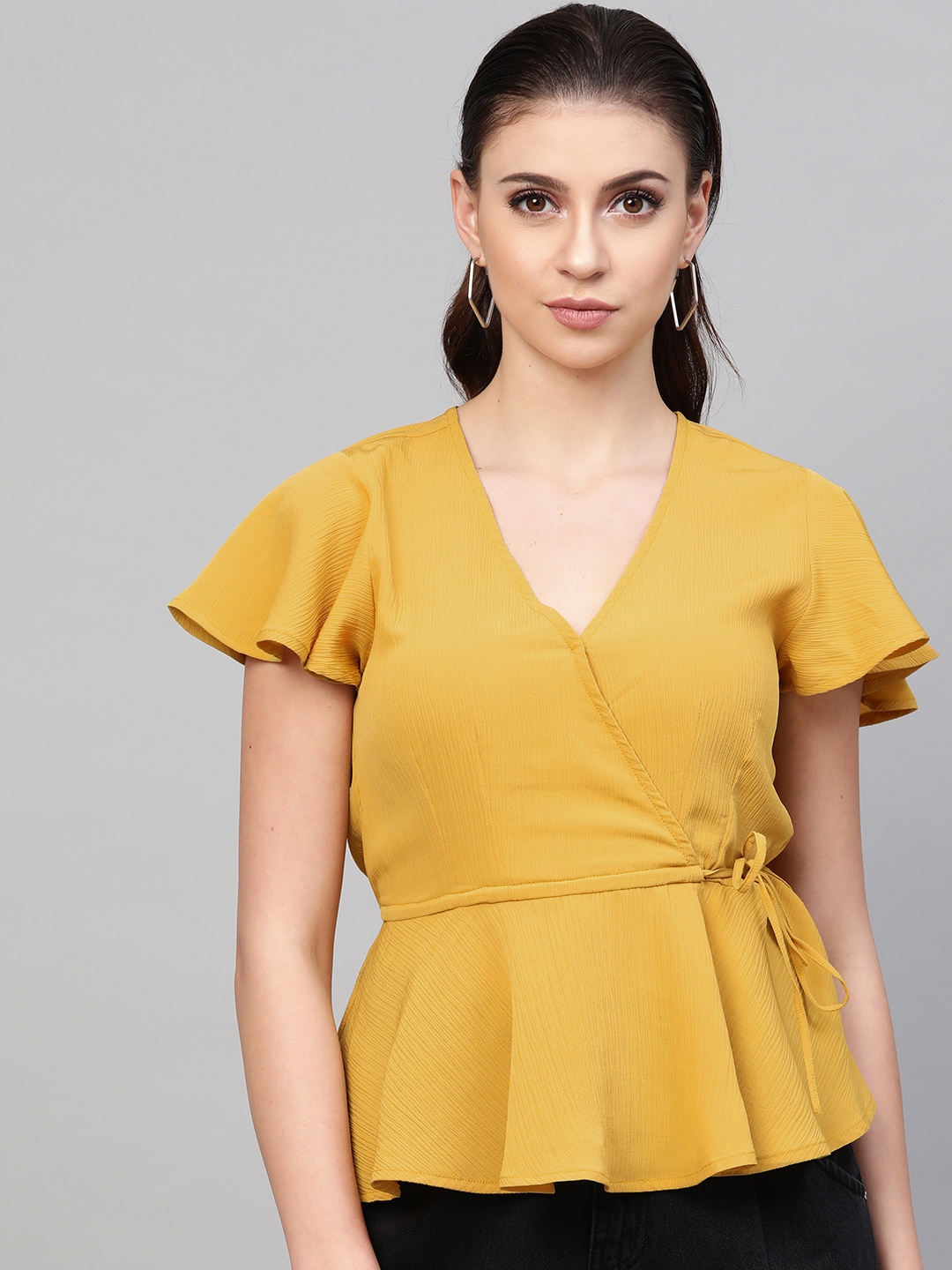 SASSAFRAS Women Mustard Yellow Solid Wrap Top