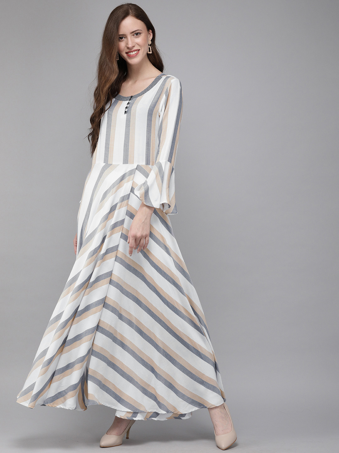 MIMOSA Women White & Beige Striped A-Line Kurta