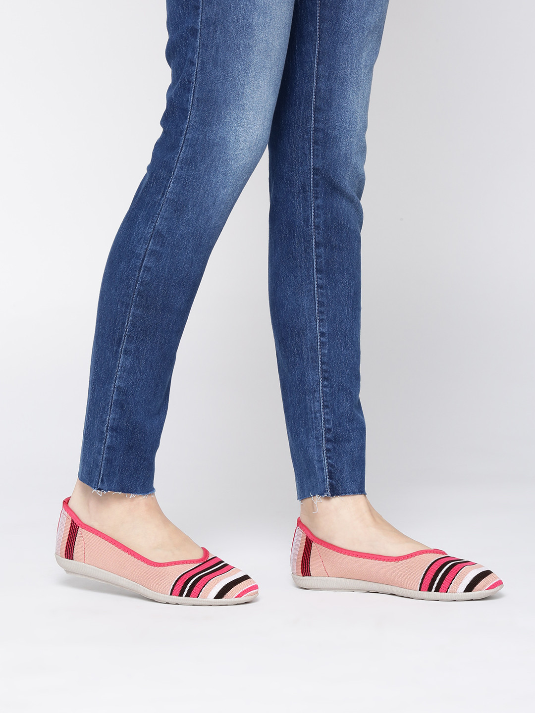 Marc Loire Women Peach-Coloured & Black Striped Ballerinas