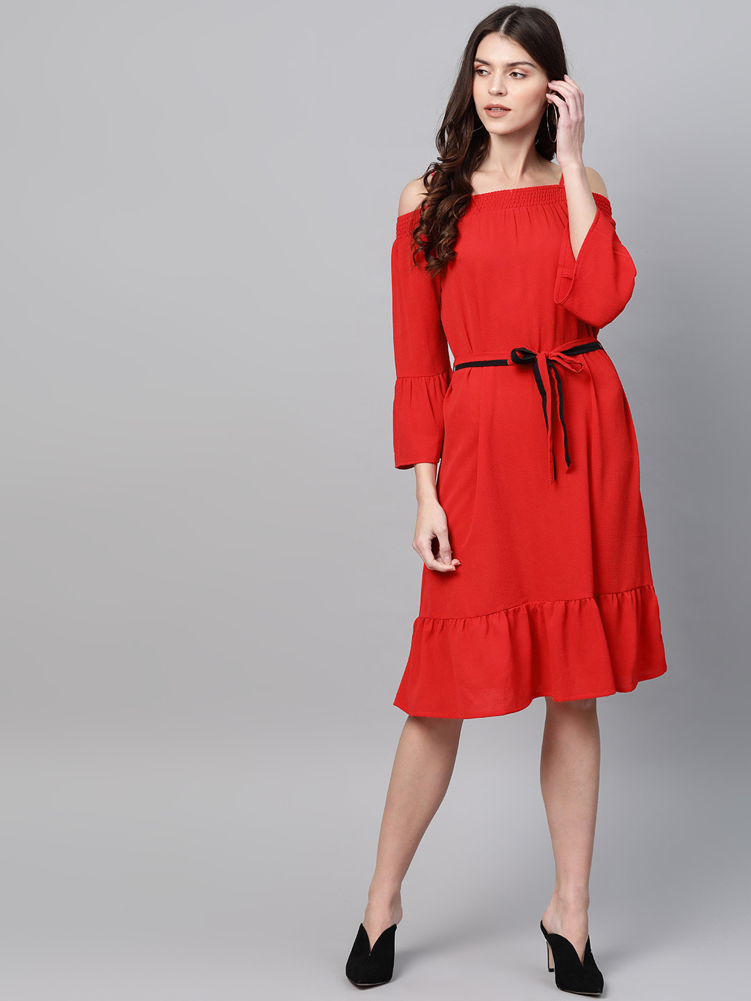 Zima Leto Women Red Solid A-Line Dress With Belt