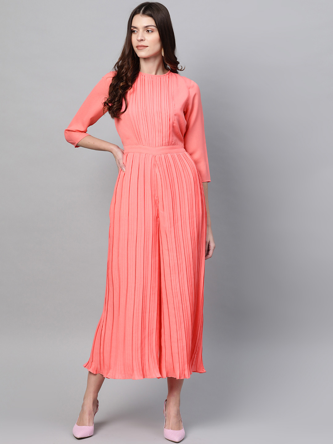 Zima Leto Women Coral Pink Accordion Pleat Solid Basic Jumpsuit