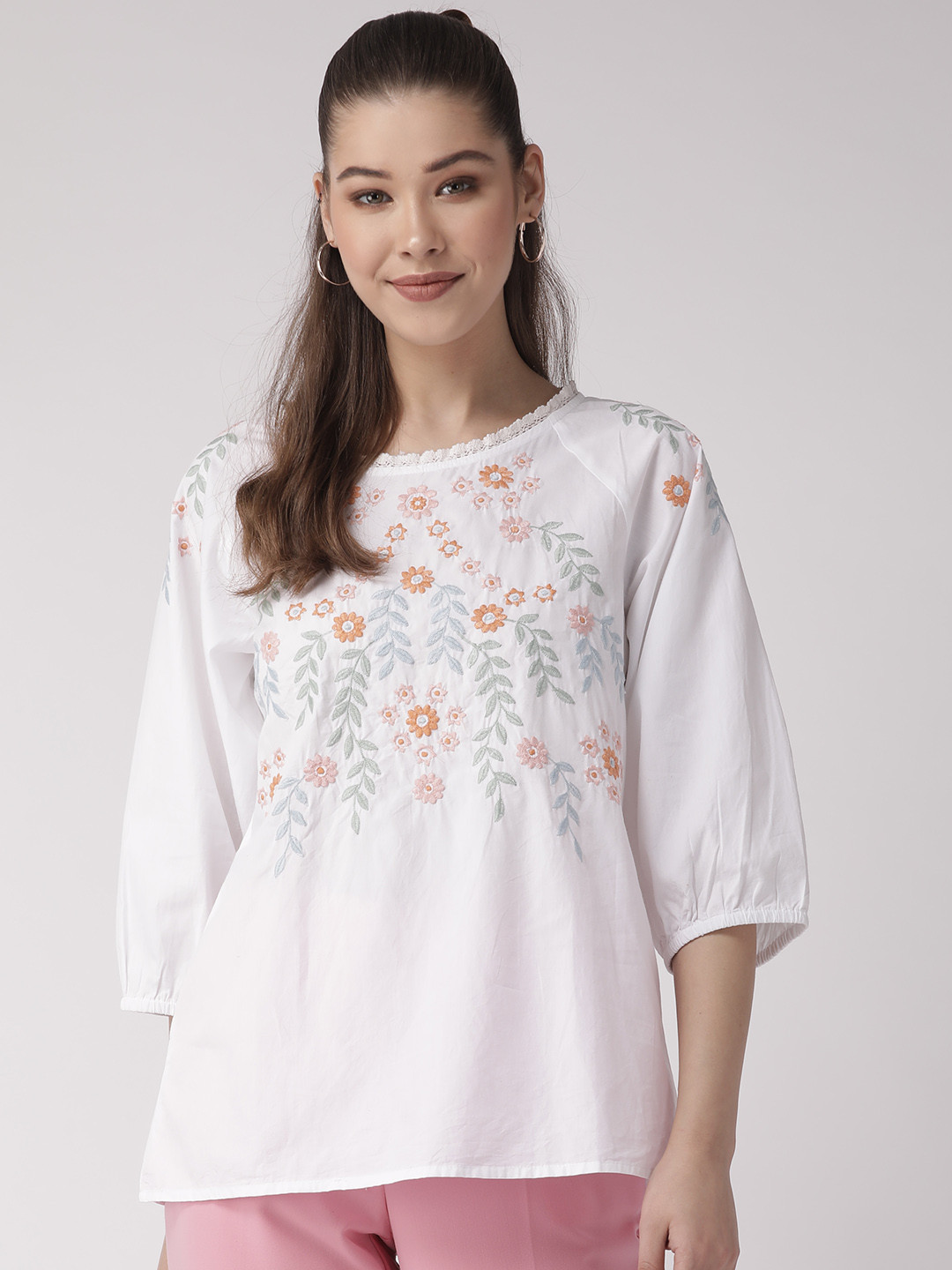 SCOUP Women White & Orange Embroidered Pure Cotton Top