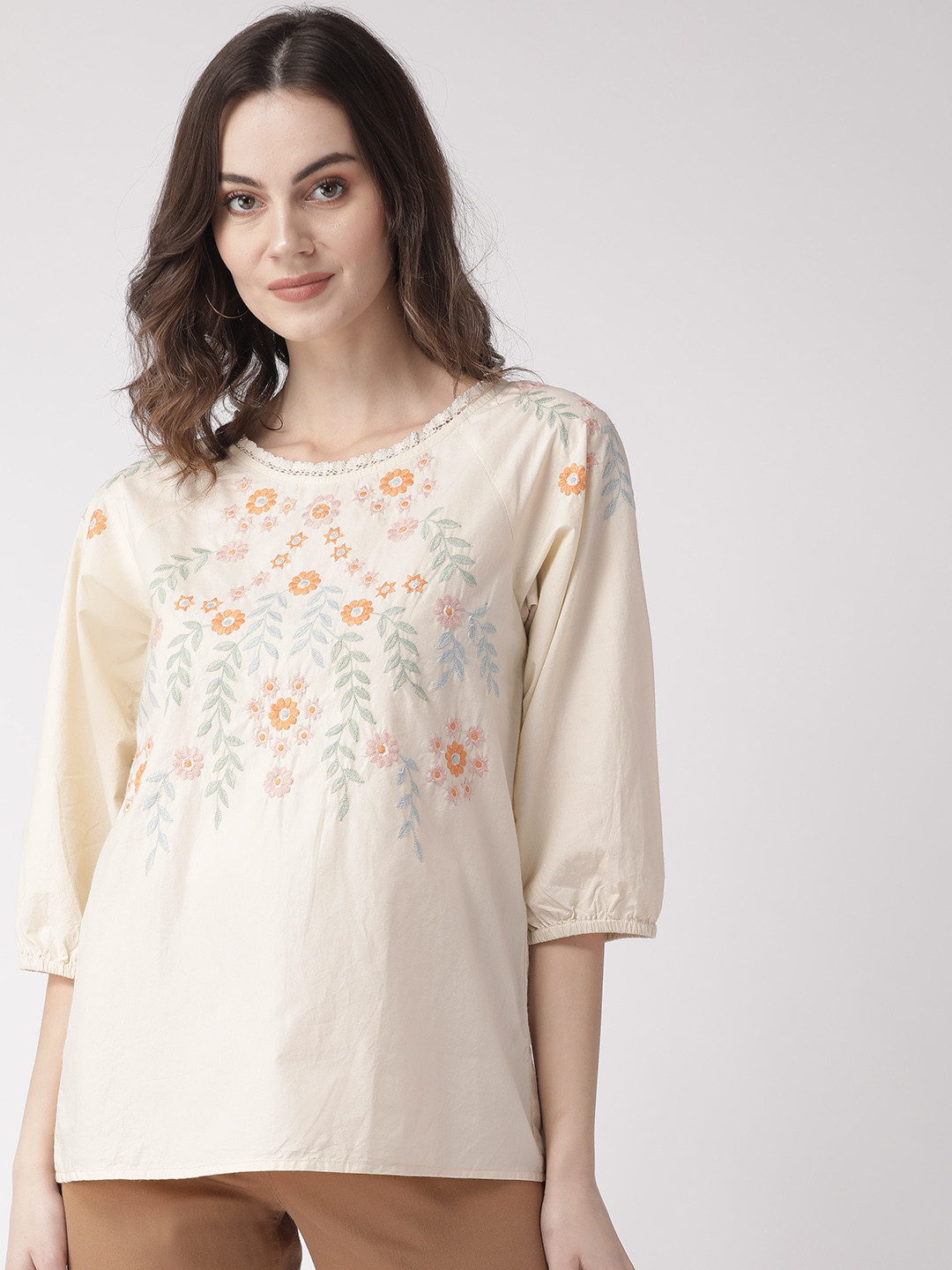 SCOUP Women Off-White & Orange Floral Embroidered Pure Cotton Top