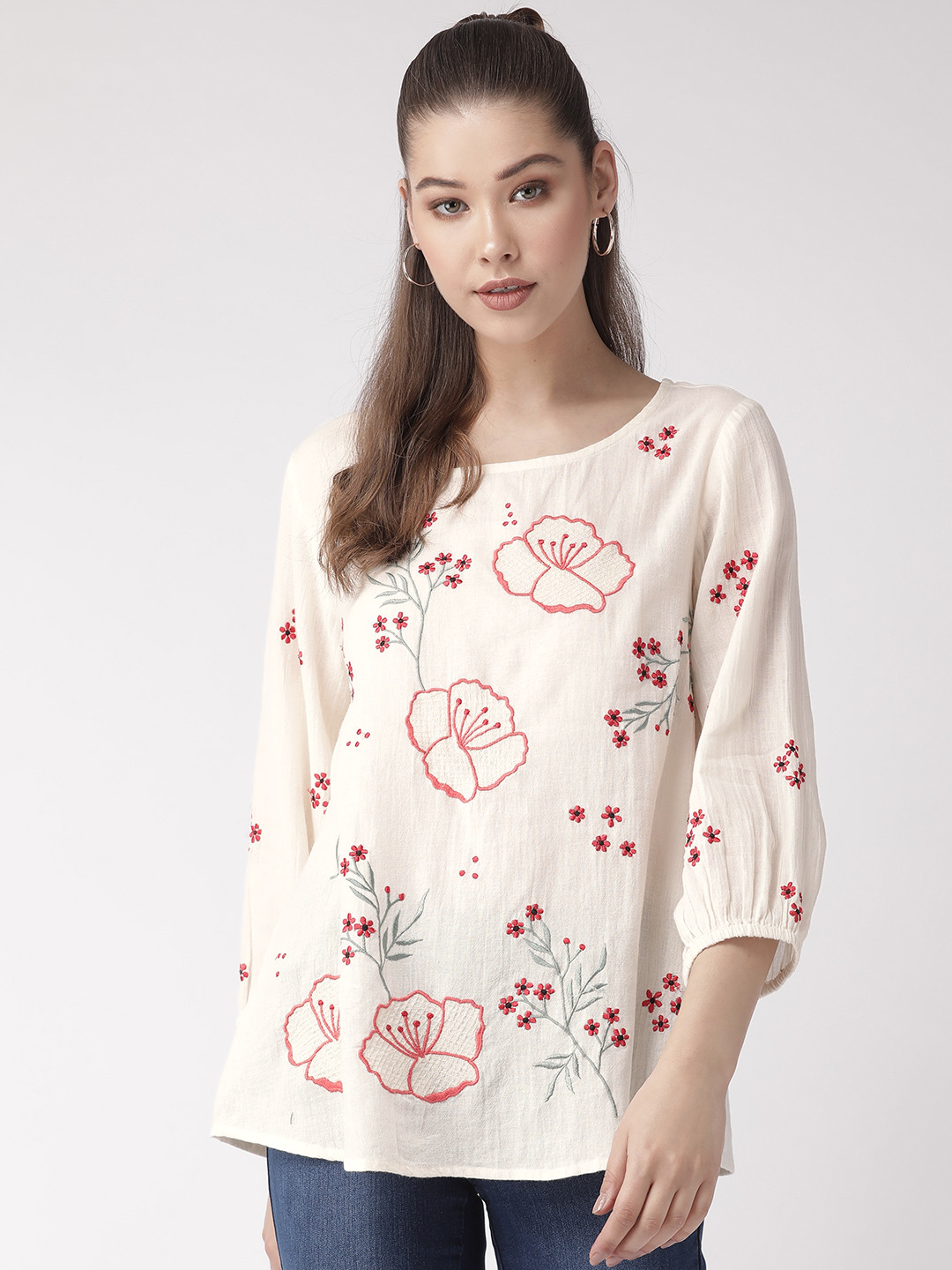SCOUP Women Off-White & Red Embroidered Pure Cotton Top