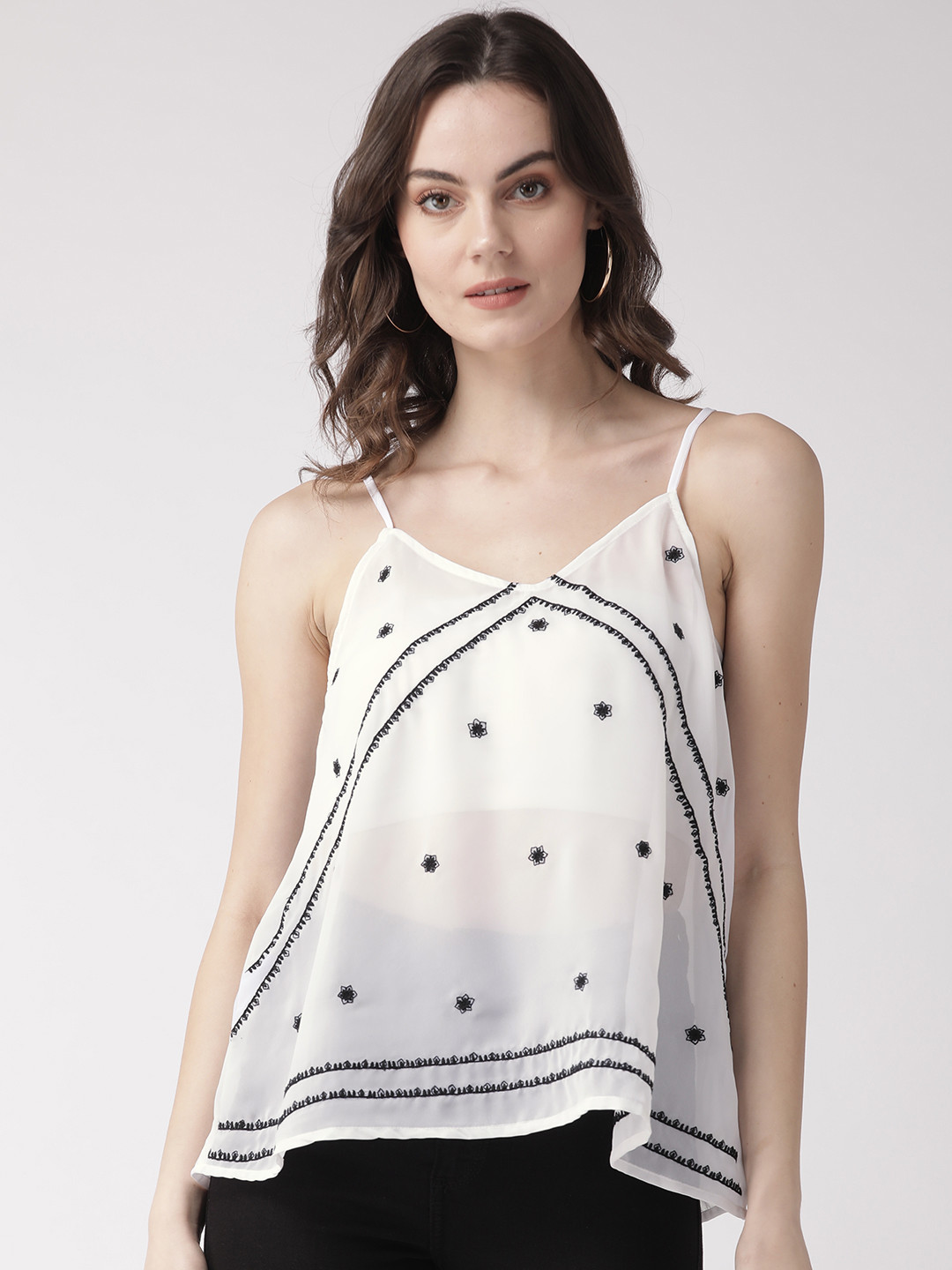 SCOUP Women White & Black Sheer Embroidered A-Line Top