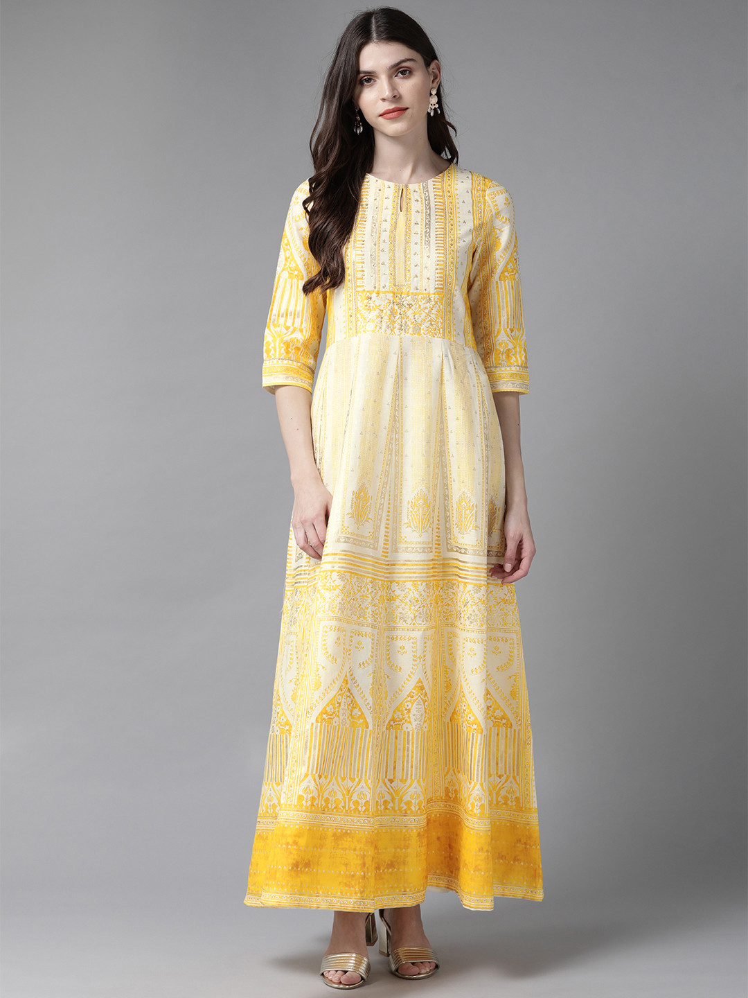 Buy W Women Mustard Yellow u0026 Off White Printed Maxi Dress - Ethnic Dresses  for Women 11369132 | Myntra