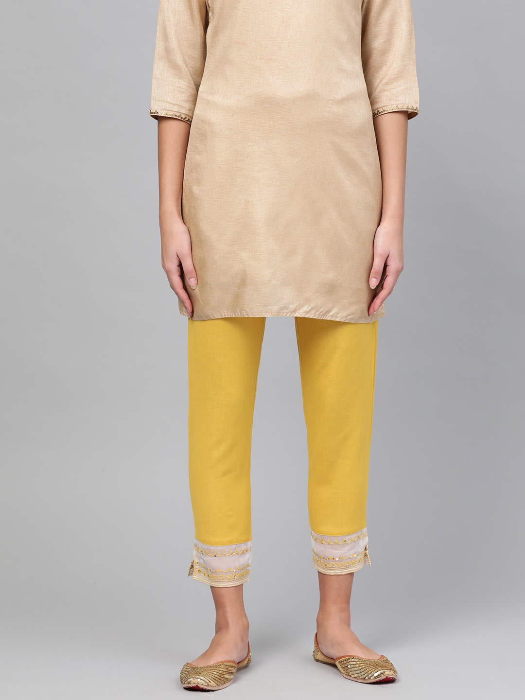 W Women Mustard Yellow Solid Cropped Regular Trousers