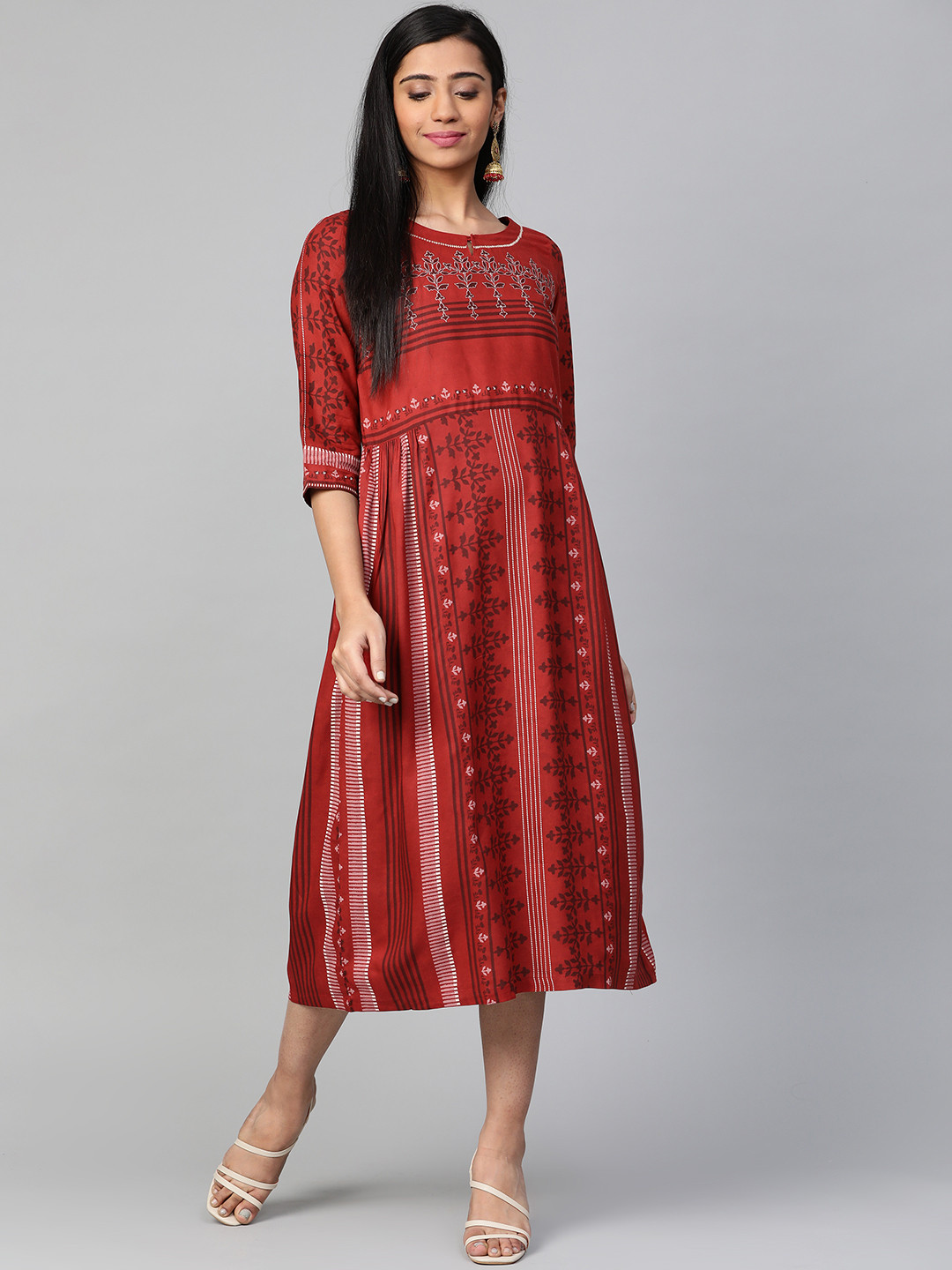 W Maroon & White Striped A-Line Dress