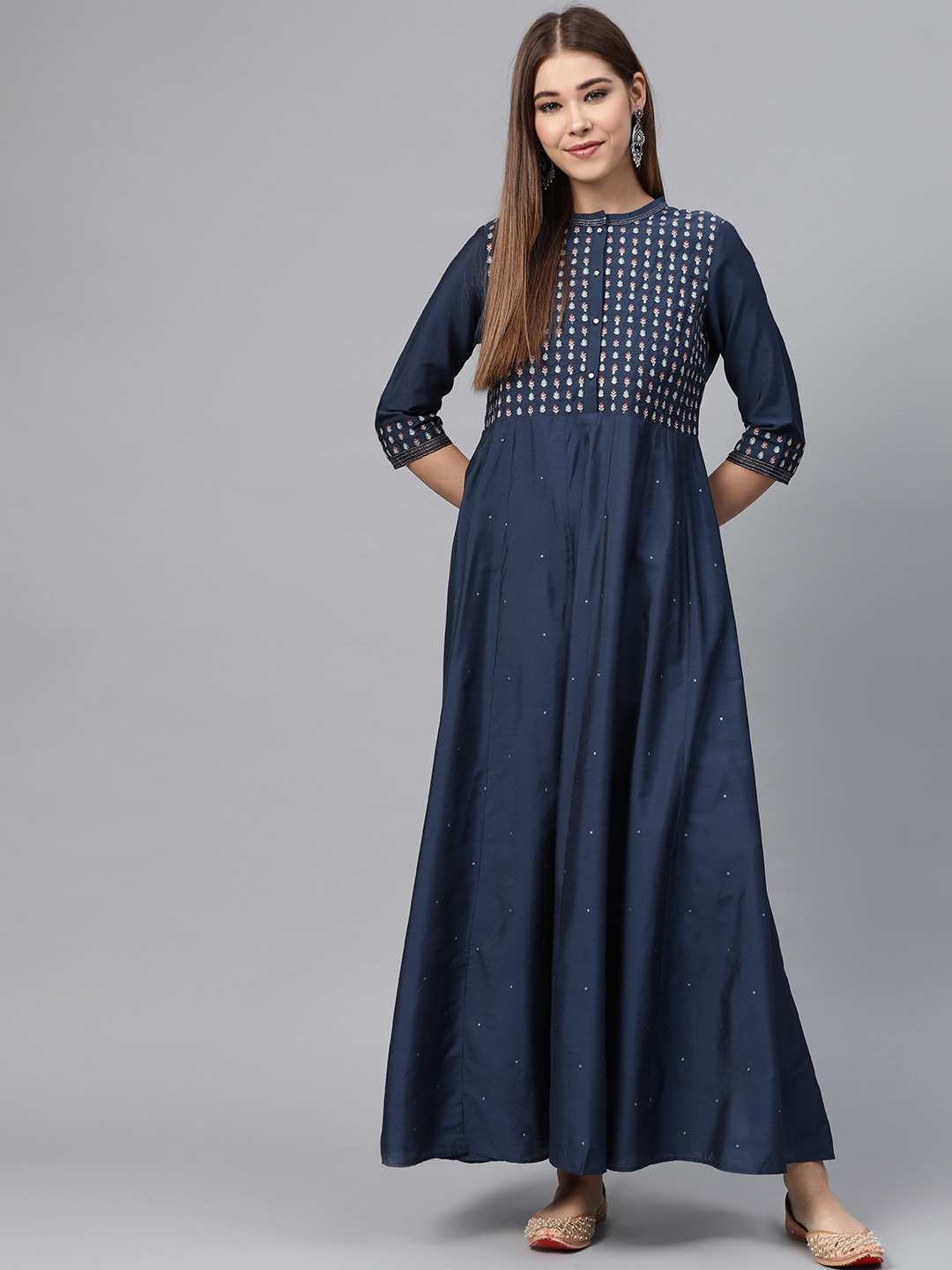 W Women Navy Blue Sequinned  Ankle Length A-Line Kurta