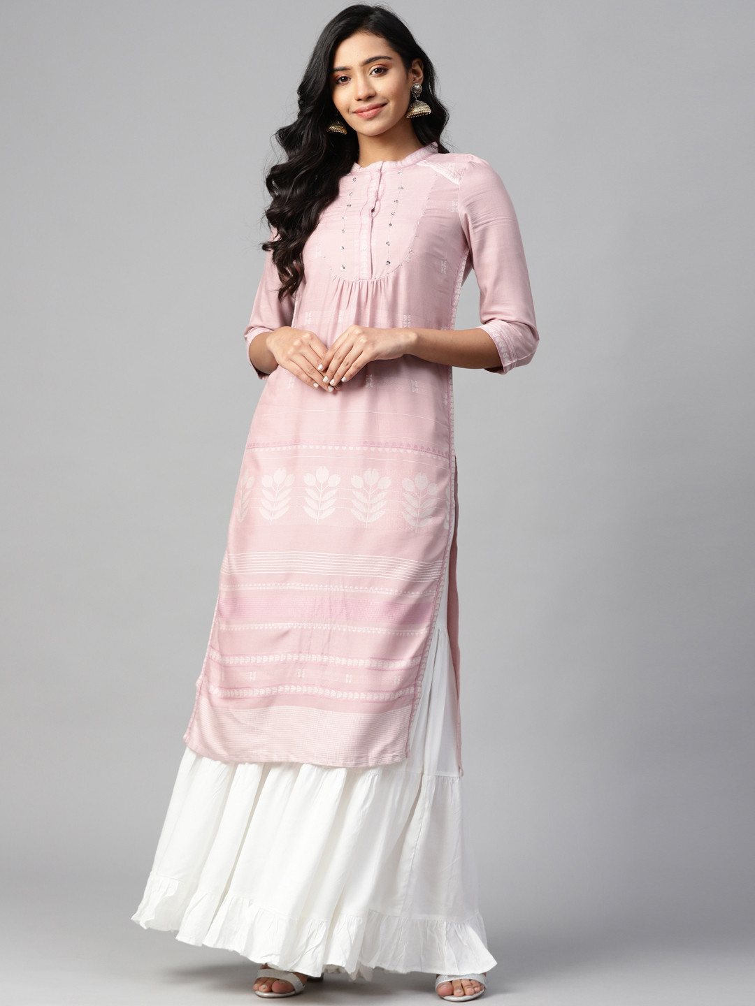 W Women Lavender & White Woven Design Straight Kurta