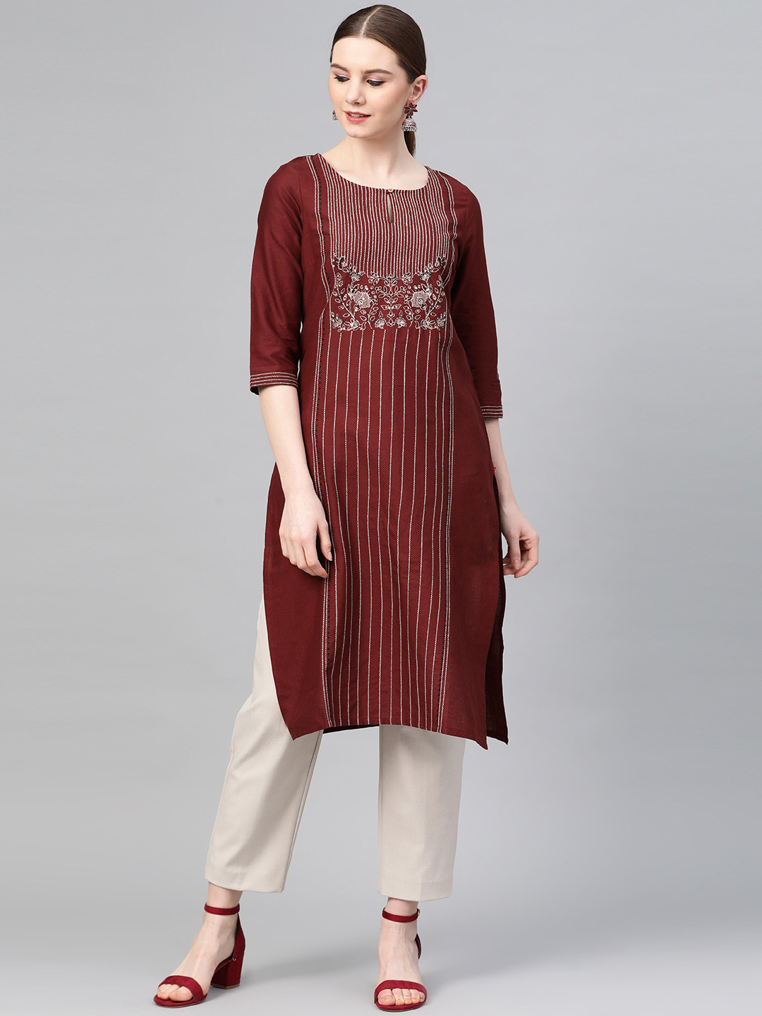 W Women Maroon & White Striped Straight Kurta