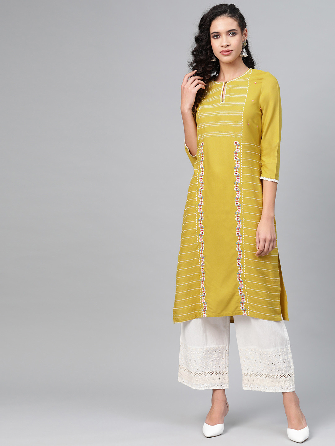 W Women Mustard Yellow & White Striped Straight Sustainable Kurta
