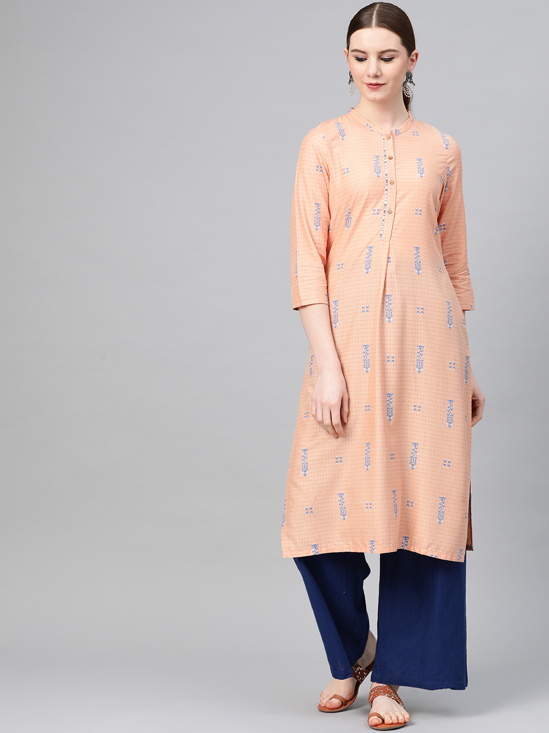 W Women Peach-Coloured & Blue Printed Straight Kurta