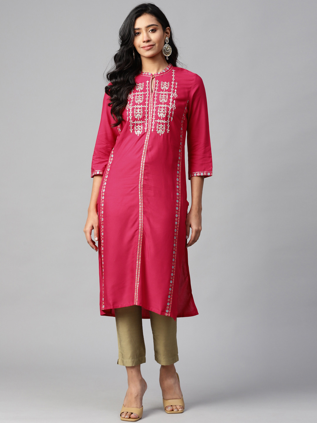 W Women Coral Pink Embroidered Straight Kurta