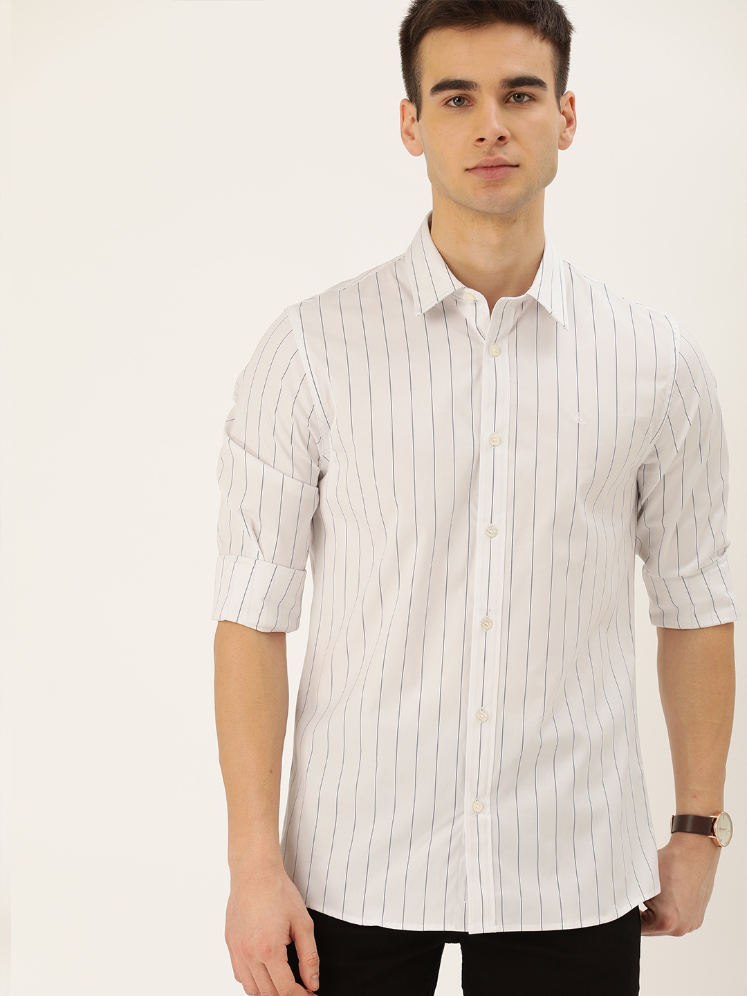 Calvin Klein Jeans Men White Grey Slim Fit Striped Casual Shirt