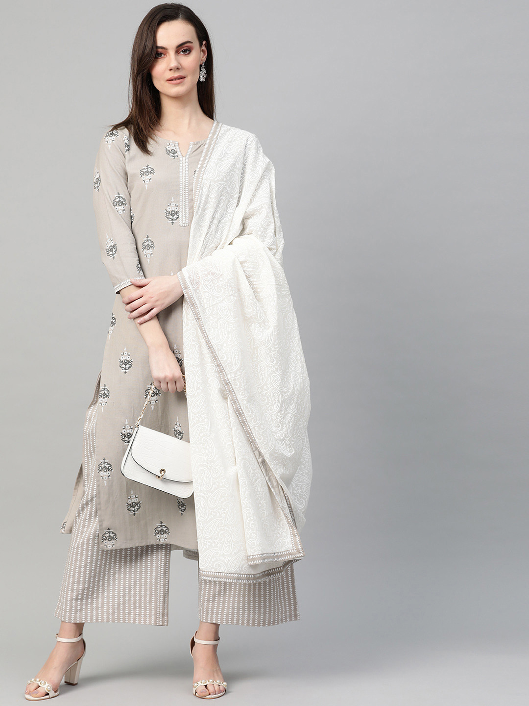 Yufta Women Grey & White Printed Kurta with Palazzos & Dupatta