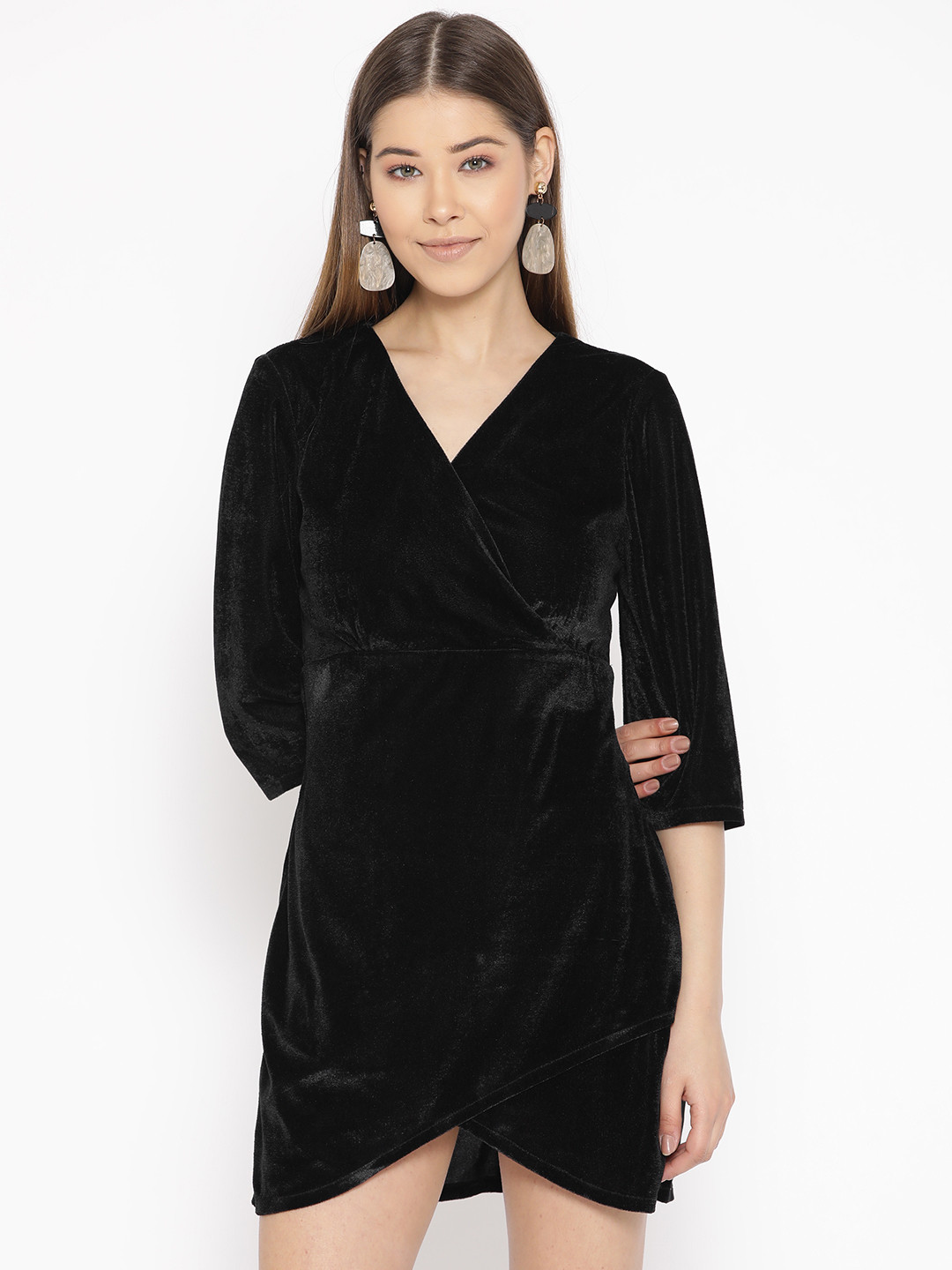DODO & MOA Women Black Velvet Finish Wrap Dress