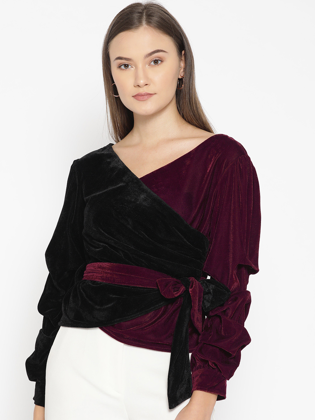 DODO & MOA Women Black & Burgundy Velvet Finish Colourblocked Wrap Top