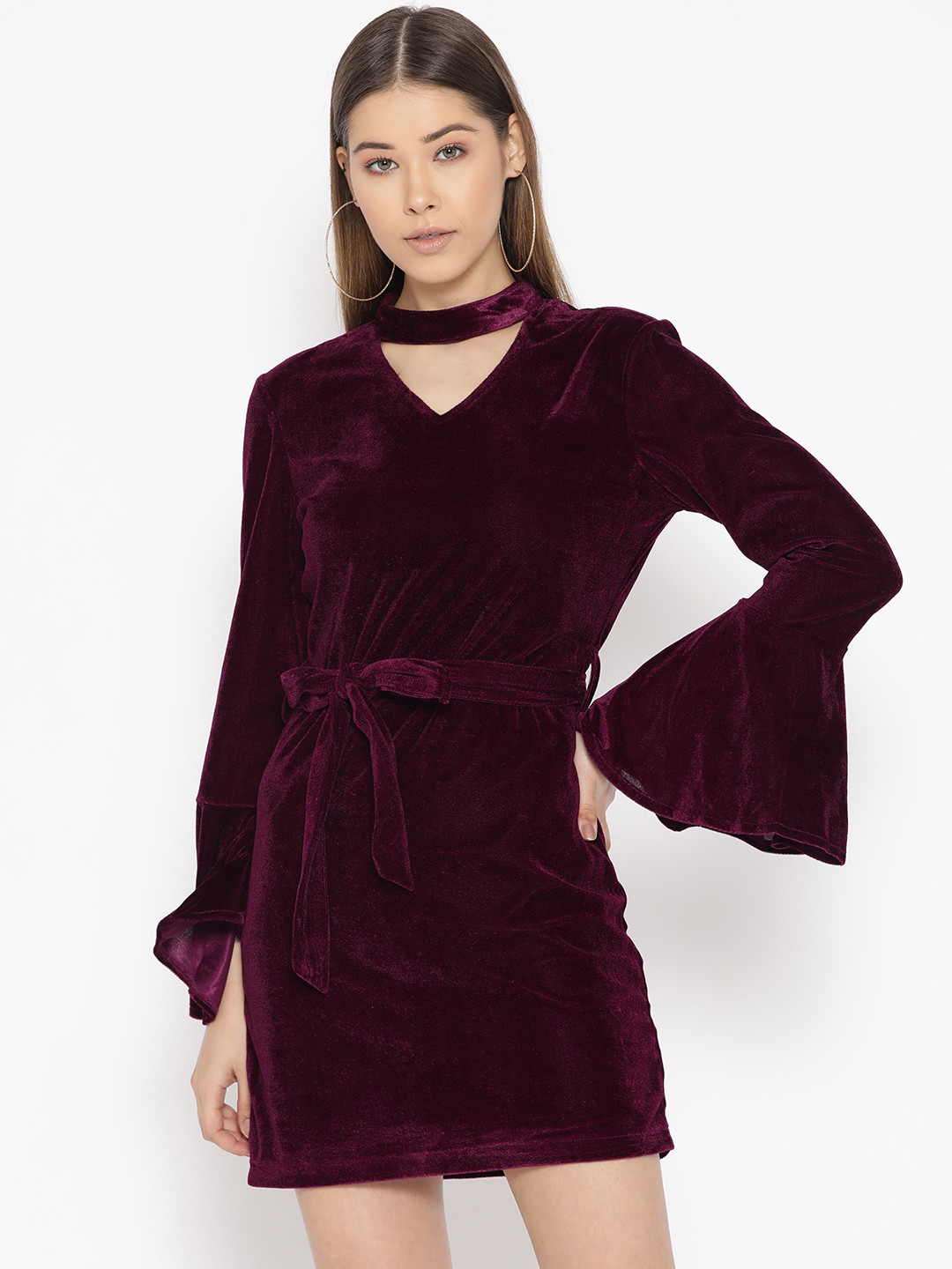 DODO & MOA Women Burgundy Velvet Finish A-Line Dress