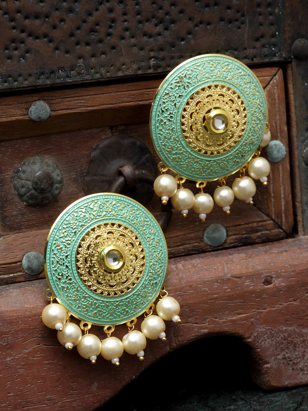 PANASH Gold-Toned & Sea Green Circular Studs