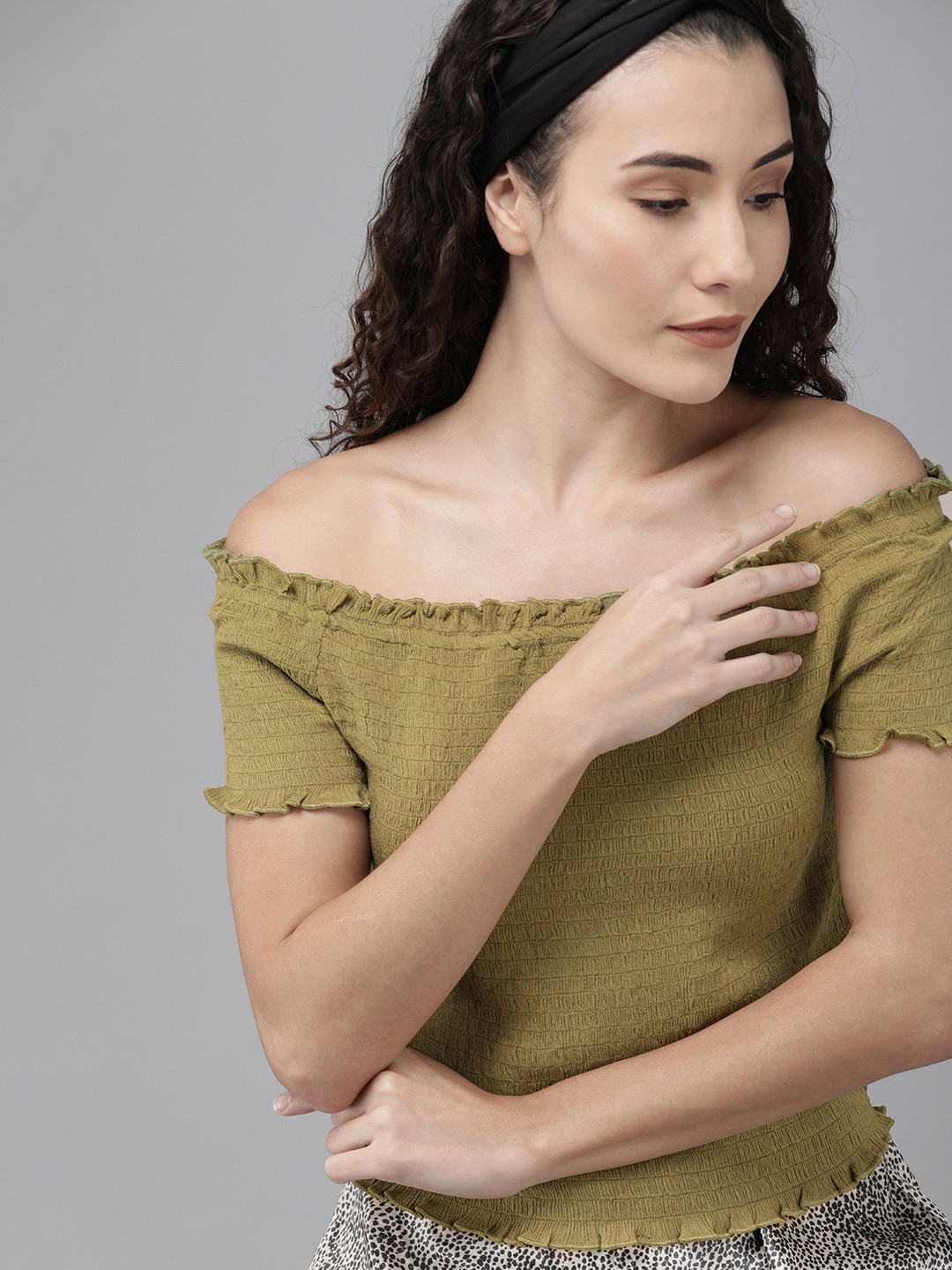 ONLY Women Olive Green Solid Bardot Top