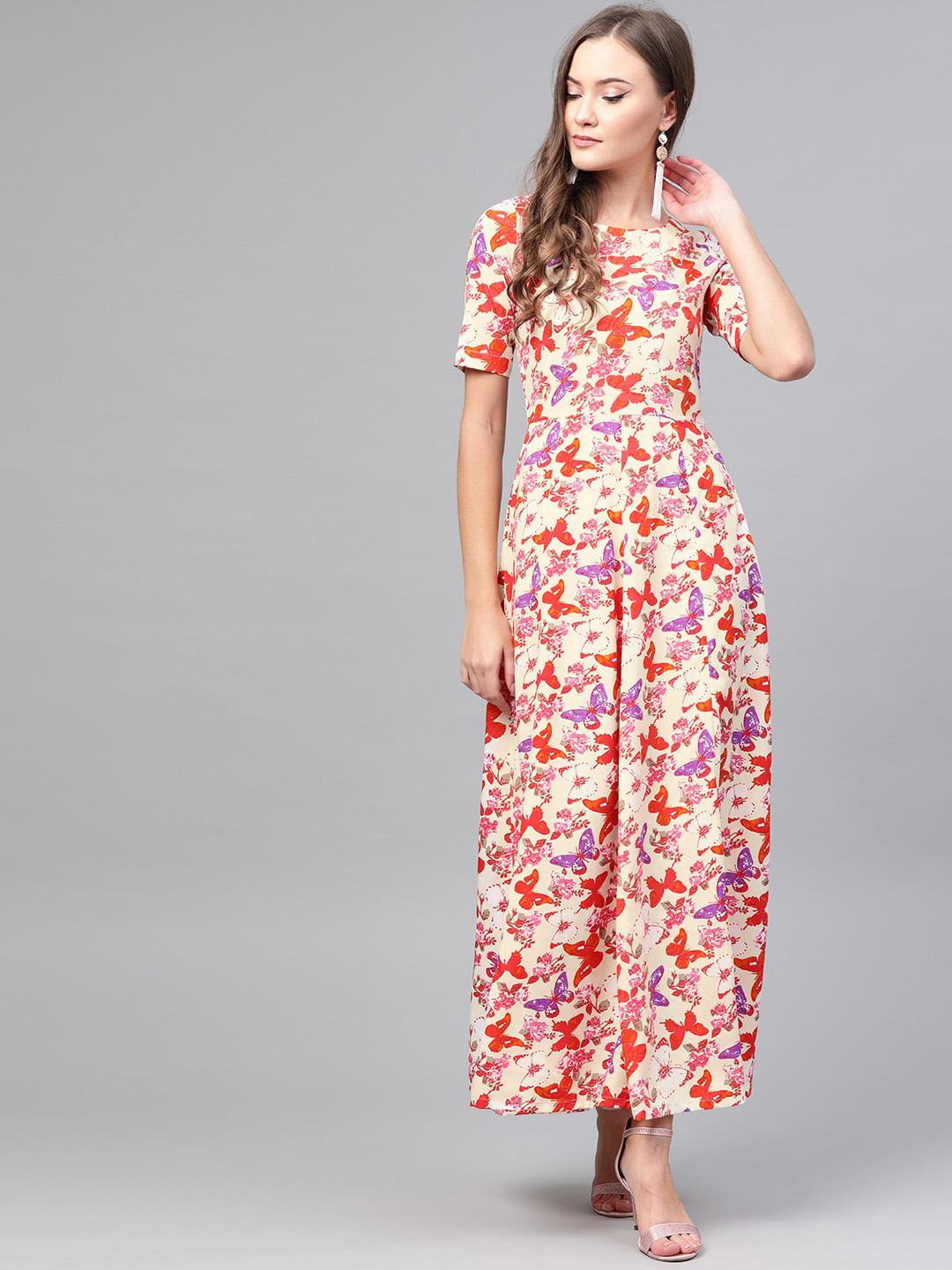ROZVEH Women Cream-Coloured & Red Printed Maxi Dress