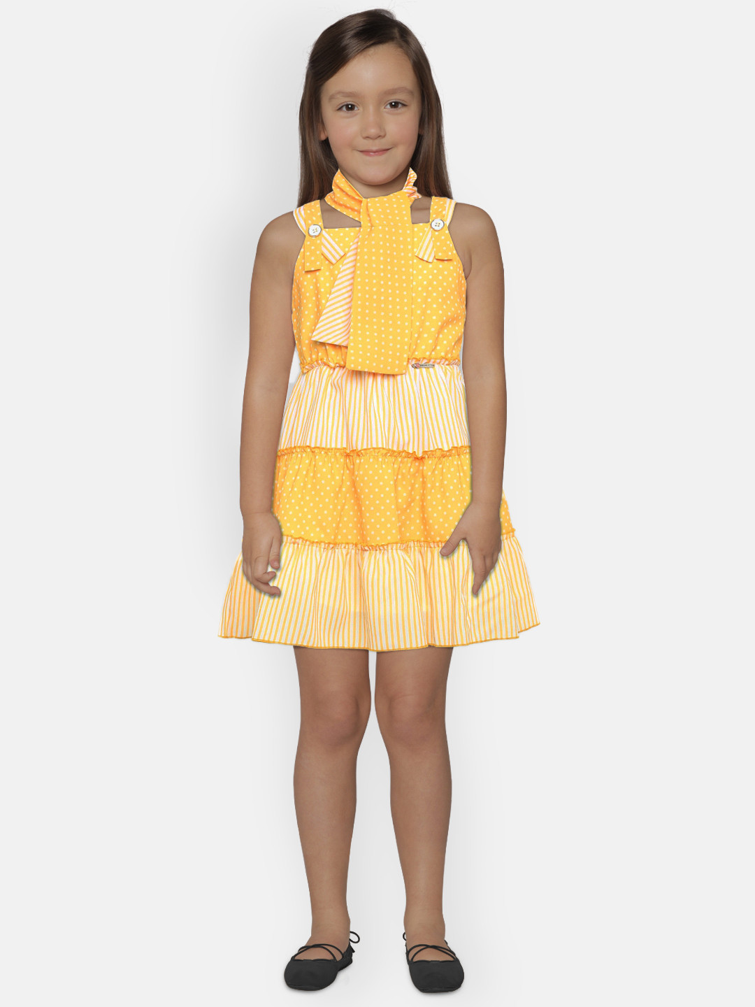Peppermint Girls Yellow Printed Fit and Flare Dress with Scarf