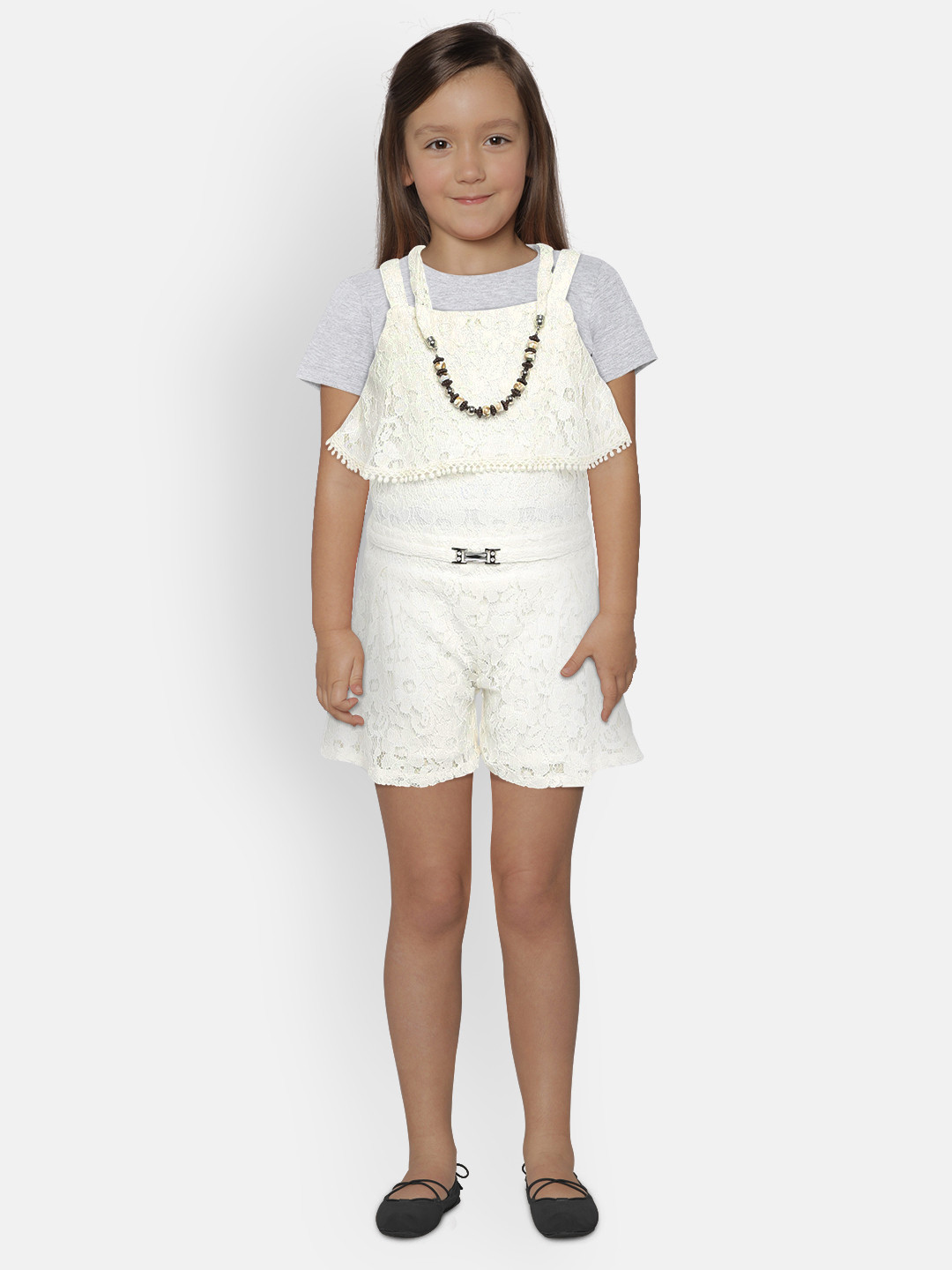 Peppermint Girls Off-White Self Design Basic Jumpsuit