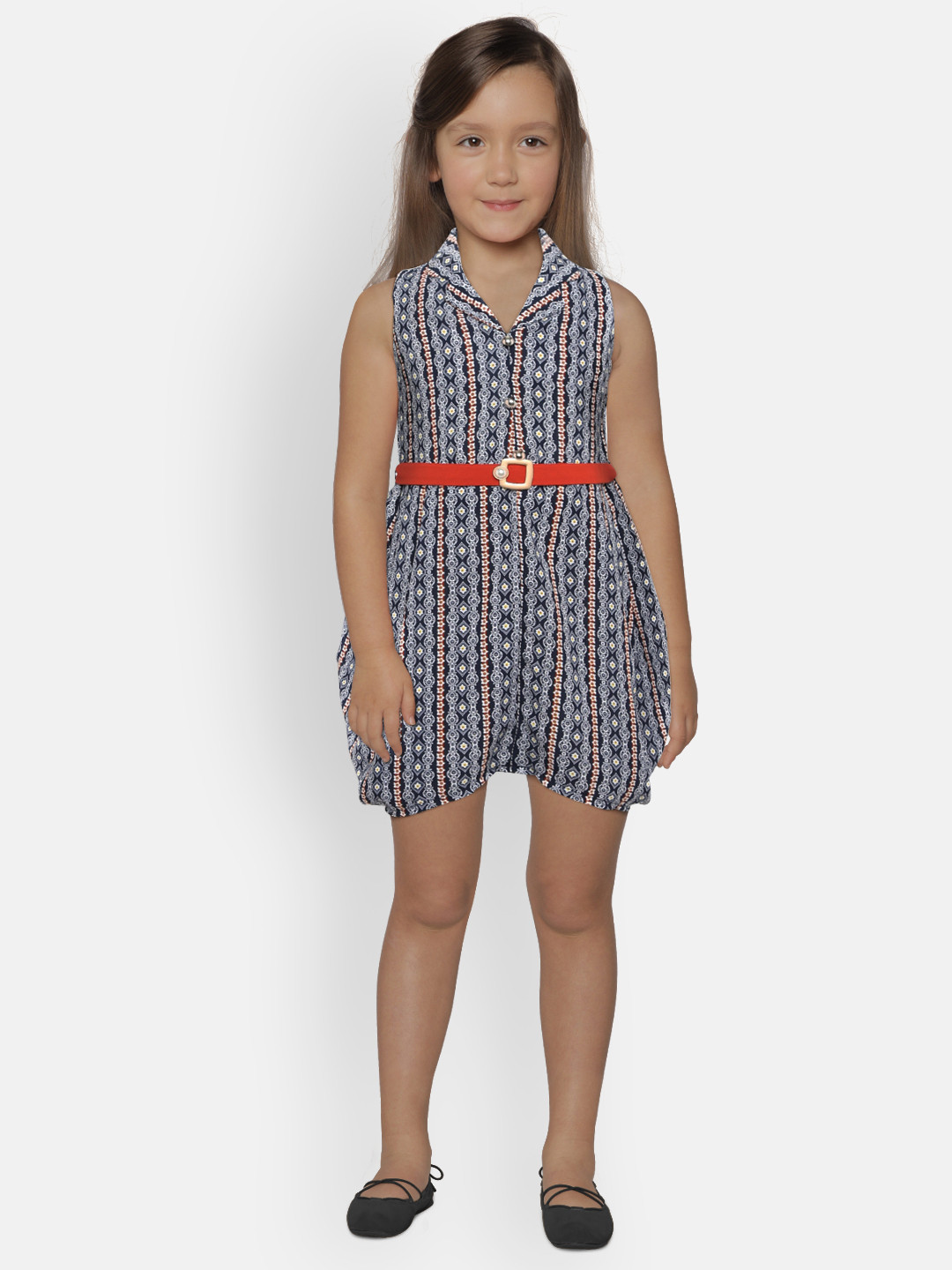 Peppermint Girls Navy Blue Printed Fit and Flare Dress