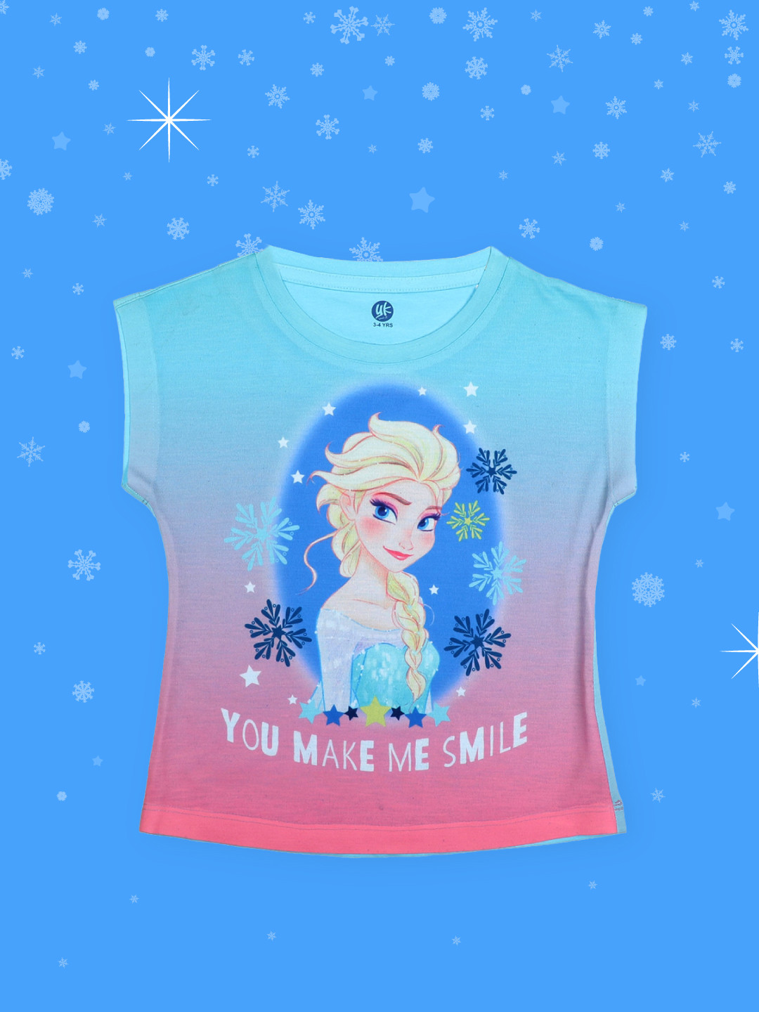 YK Disney Girls Blue & Pink Elsa Printed T-shirt