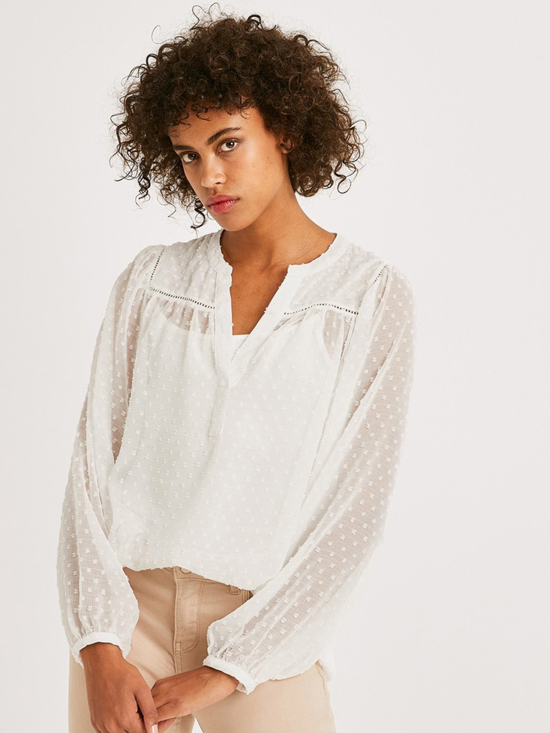 promod Women White Self Design Sheer Top