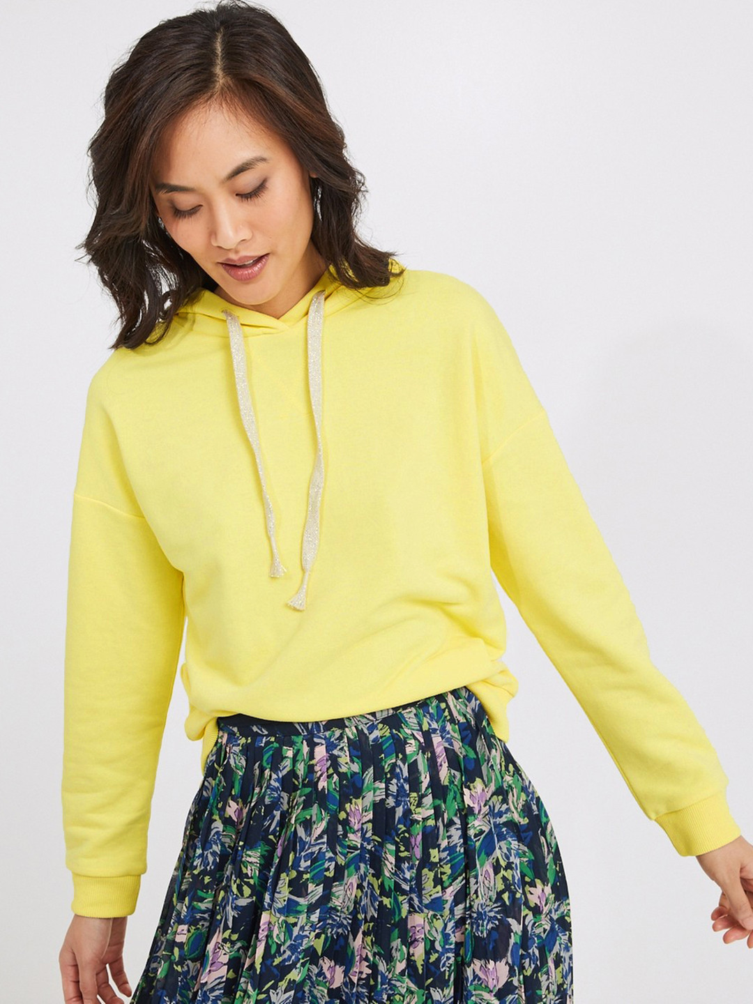 promod Women Yellow Solid Hooded Sweatshirt