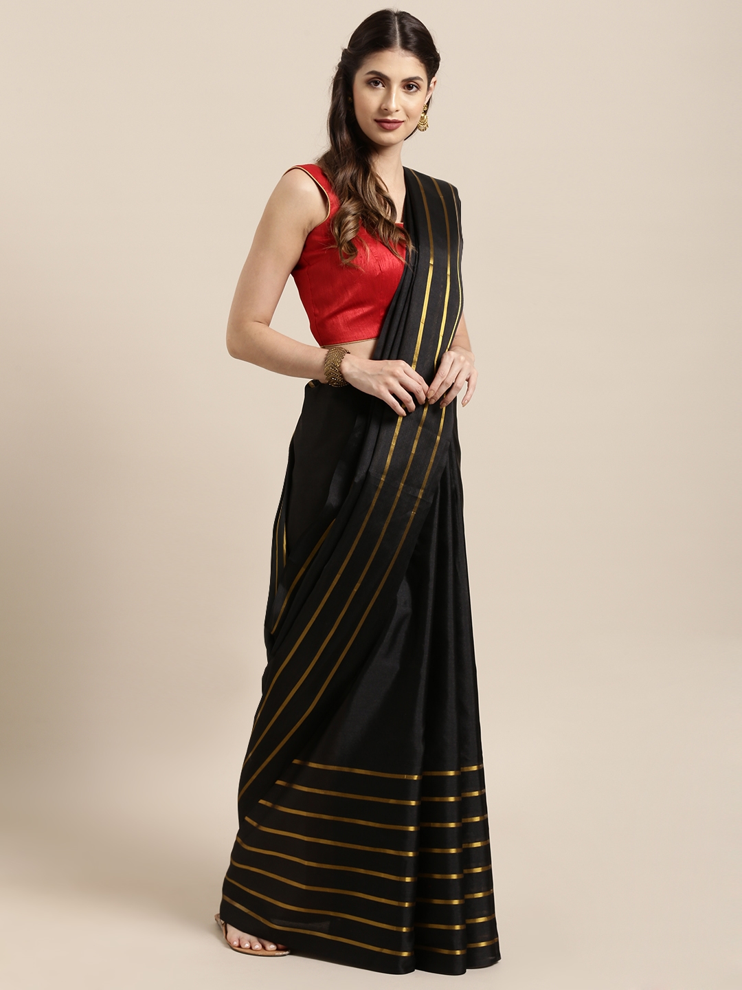 Buy Satrani Black &amp; Golden Poly Silk Striped Saree - Sarees for Women  11390016 | Myntra