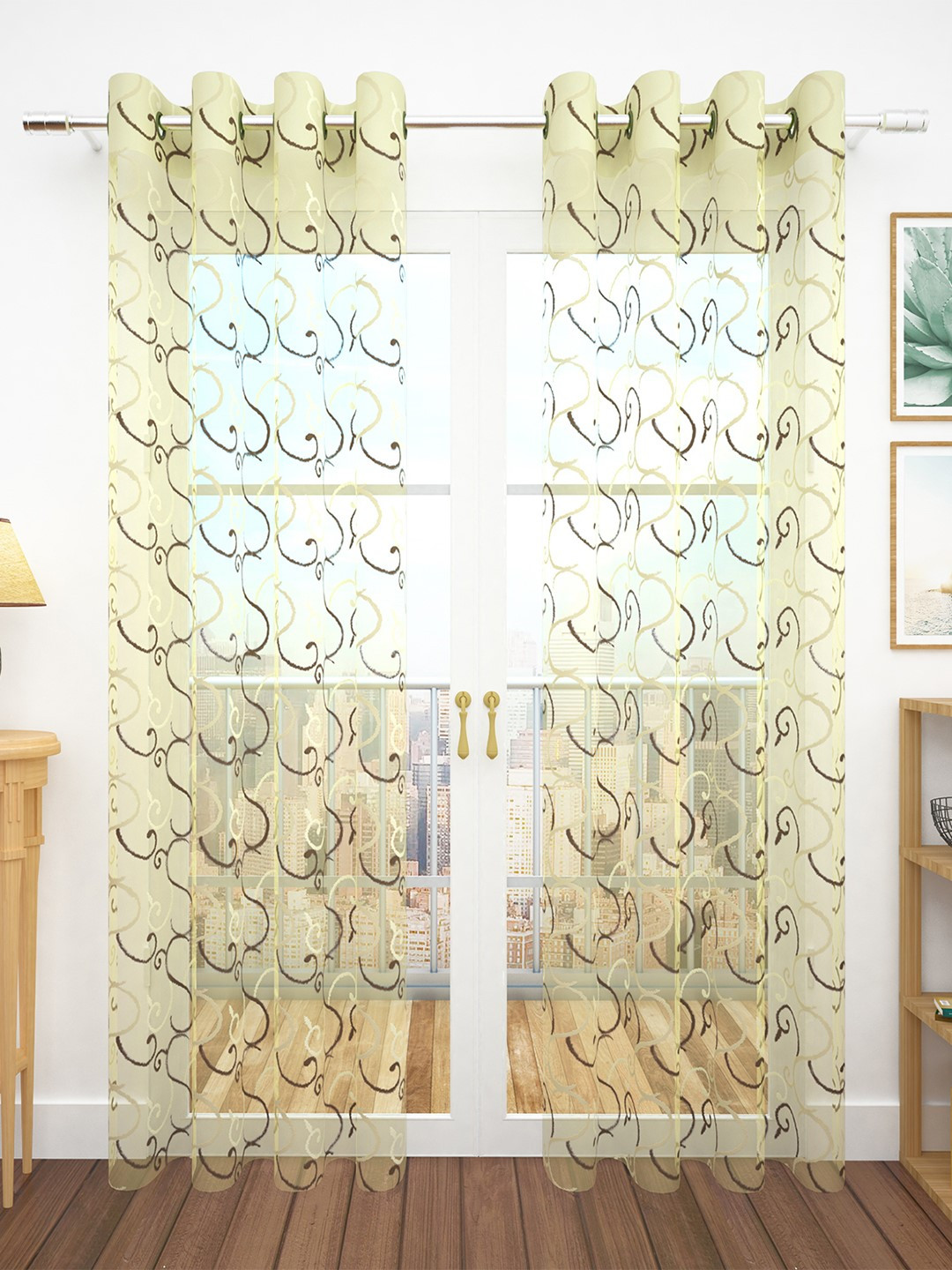 Story@home Gold-Toned Set of 2 Jacquard Textured Door Curtains