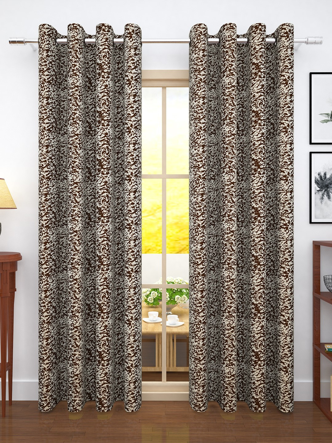 Story@home Coffee Brown & White Set of 2 300GSM Semi Blackout Jacquard Eyelet Ringtop Door Curtains
