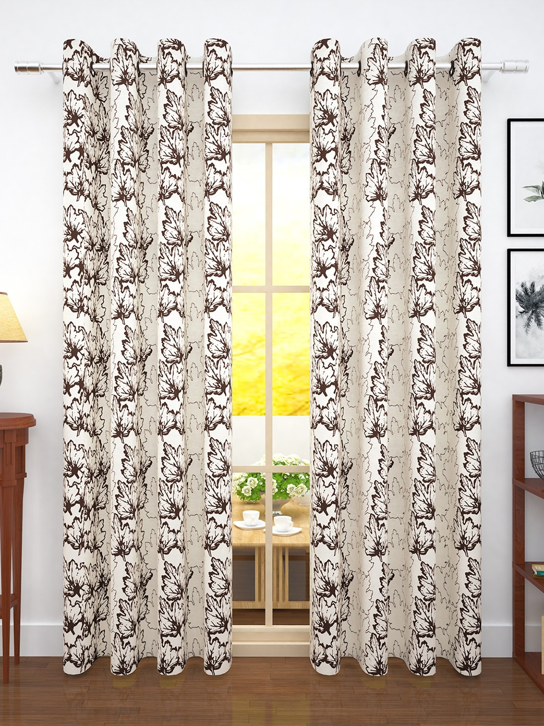 Story@home Coffee Brown Set of 2 300GSM Semi Blackout Jacquard Eyelet Ringtop Door Curtains