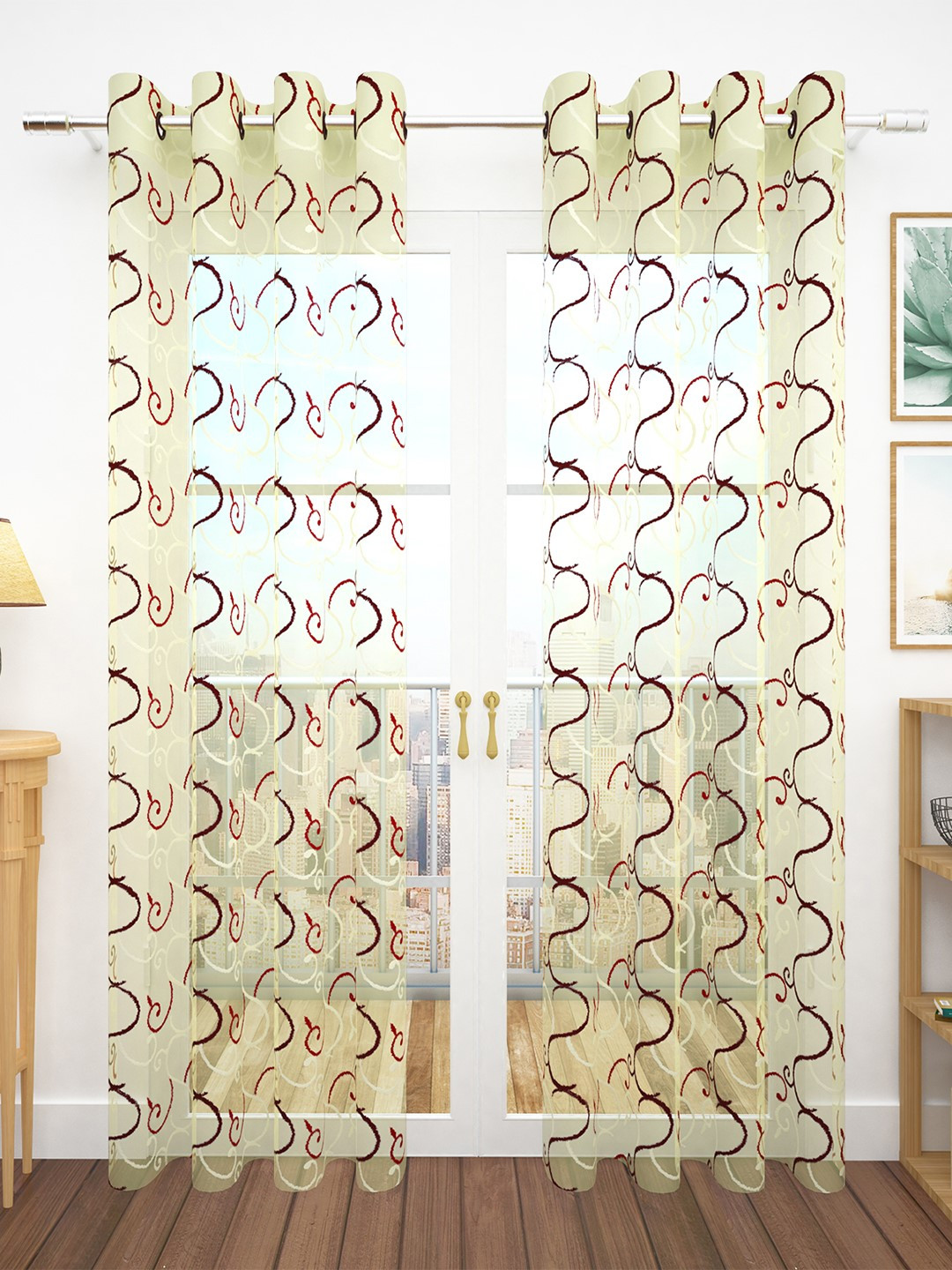 Story@home Yellow & Maroon Set of 2 Jacquard Textured Door Curtains