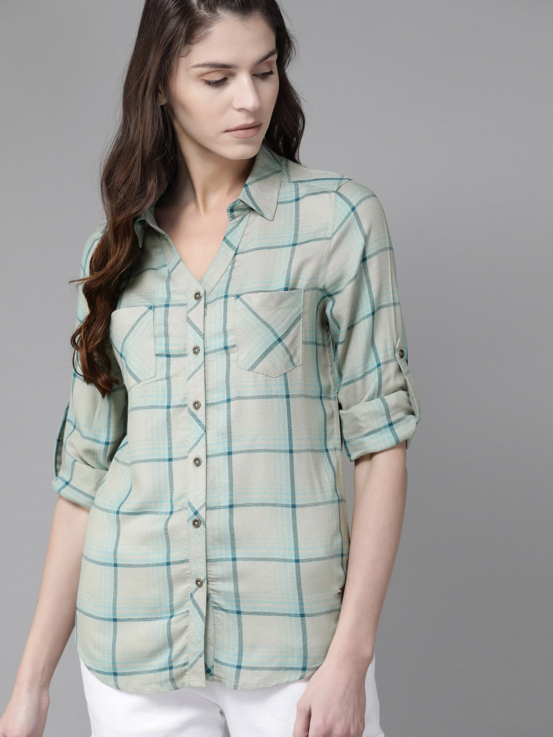 Roadster Women Green & Teal Blue Regular Fit Checked Casual Shirt