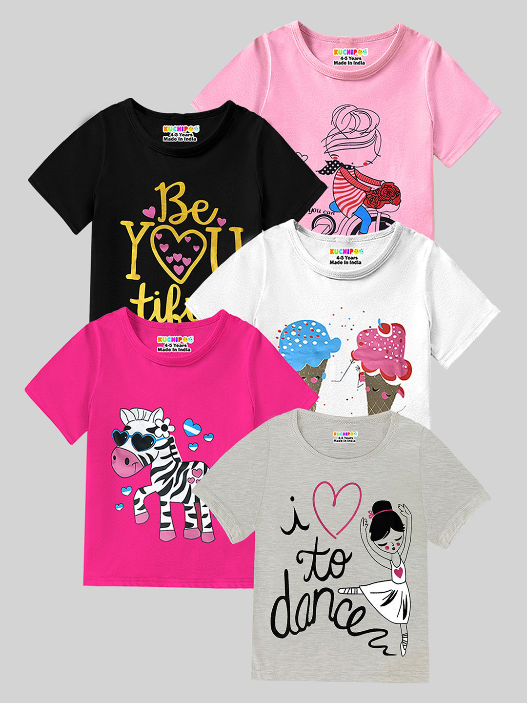 KUCHIPOO Girls Pack of 5 Printed Round Neck T-shirts