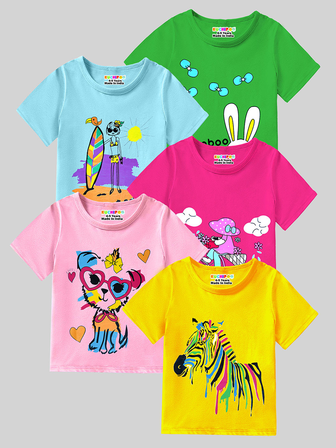 KUCHIPOO Girls Pack of 5 Printed Round Neck T-shirts