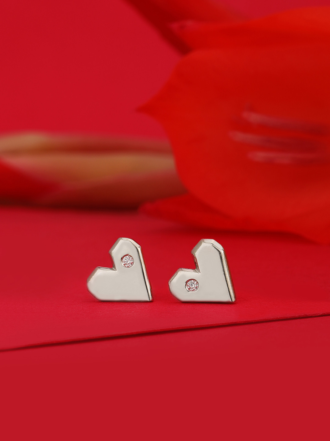 Carlton London Silver-Toned Rhodium-Plated Heart Shaped CZ-Studs