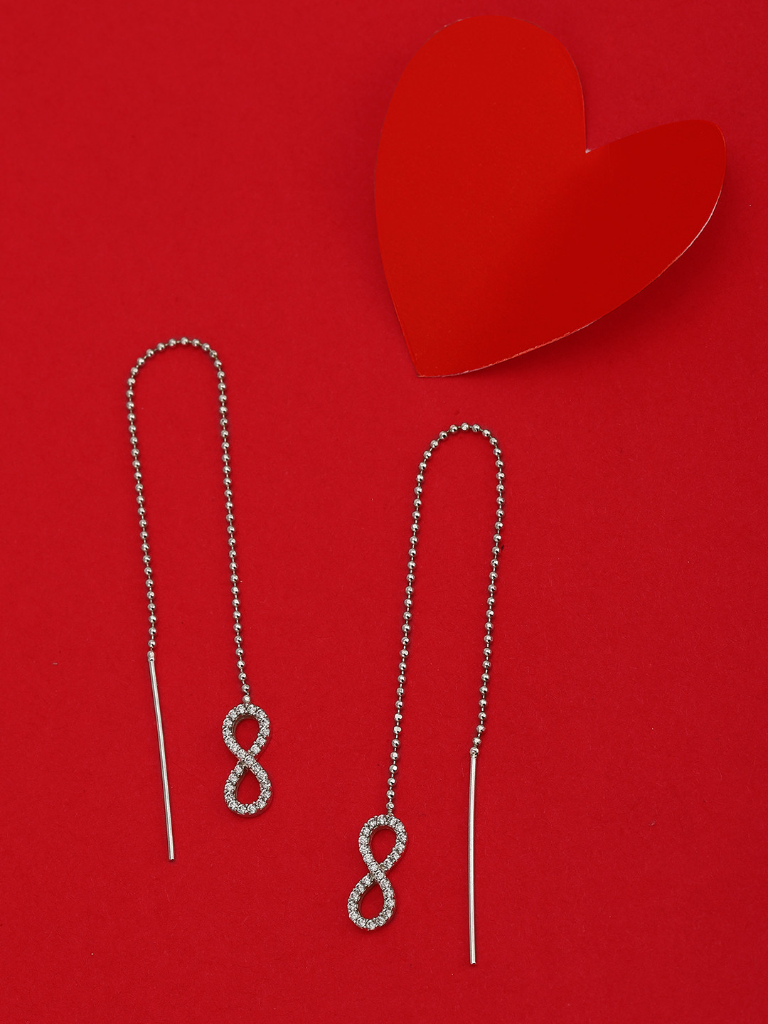 Carlton London Silver-Toned Rhodium-Plated CZ-Studded Infinity Shaped Drop Earrings