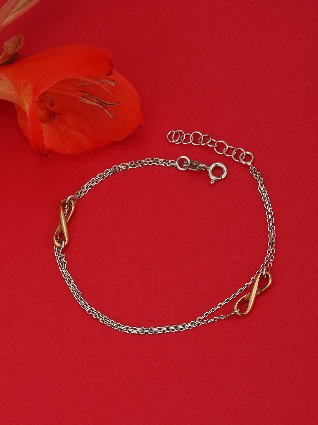 Carlton London Silver-Toned & Rose Gold-Toned Rhodium-Plated Link Bracelet