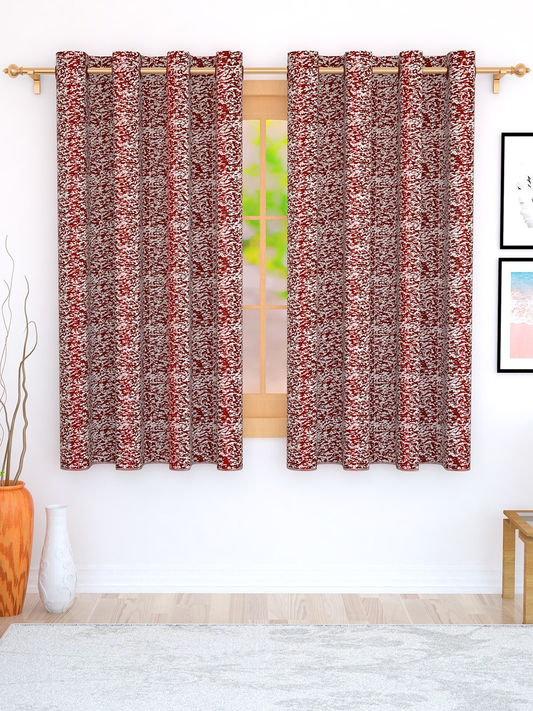 Story@home Maroon & White Set of 2 Jacquard Textured Window Curtains