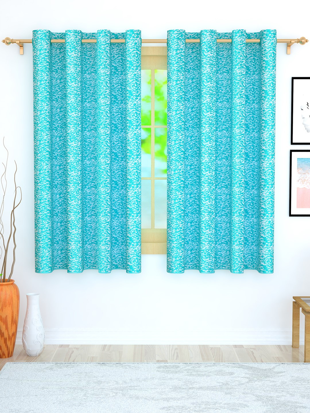 Story@home Turquoise Blue & White Set of 2 Jacquard Textured Window Curtains