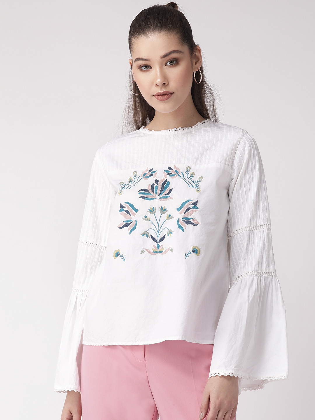 SCOUP Women White & Blue Floral Embroidery Pure Cotton Top