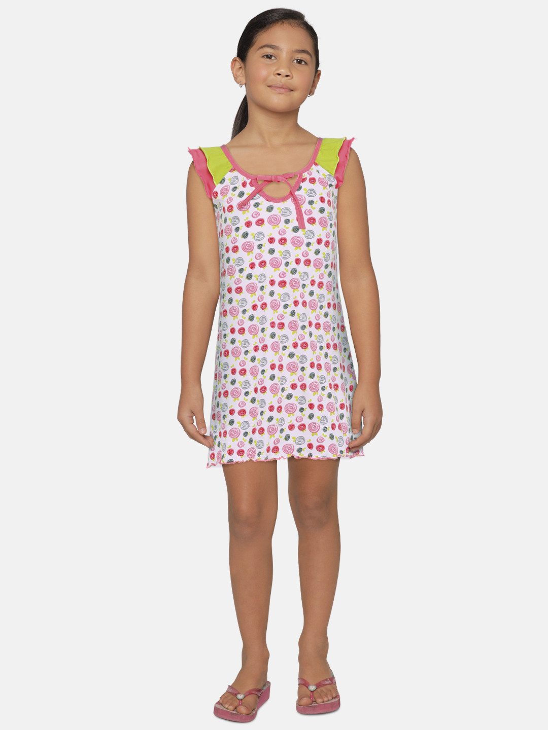 SINI MINI Girls Pink & White Printed Nightdress